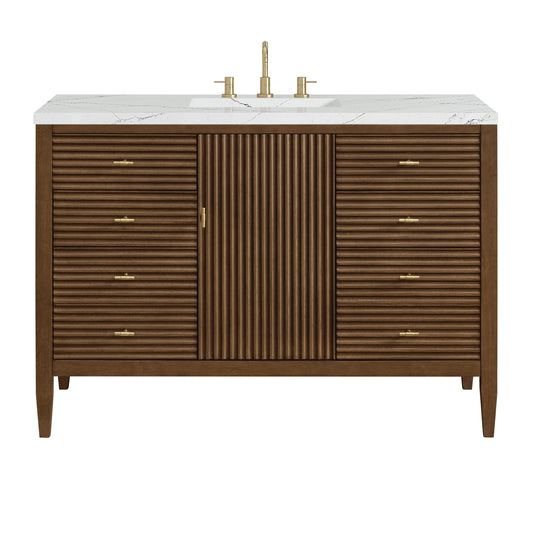 James Martin Vanities Myrrin 48" Mid-Century Walnut Single Vanity With 3 cm Ethereal Noctis Silestone Top and FreePower Wireless Charger