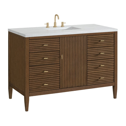 James Martin Vanities Myrrin 48" Mid Century Walnut Vanity With 3 cm Arctic Fall Solid Surface Top