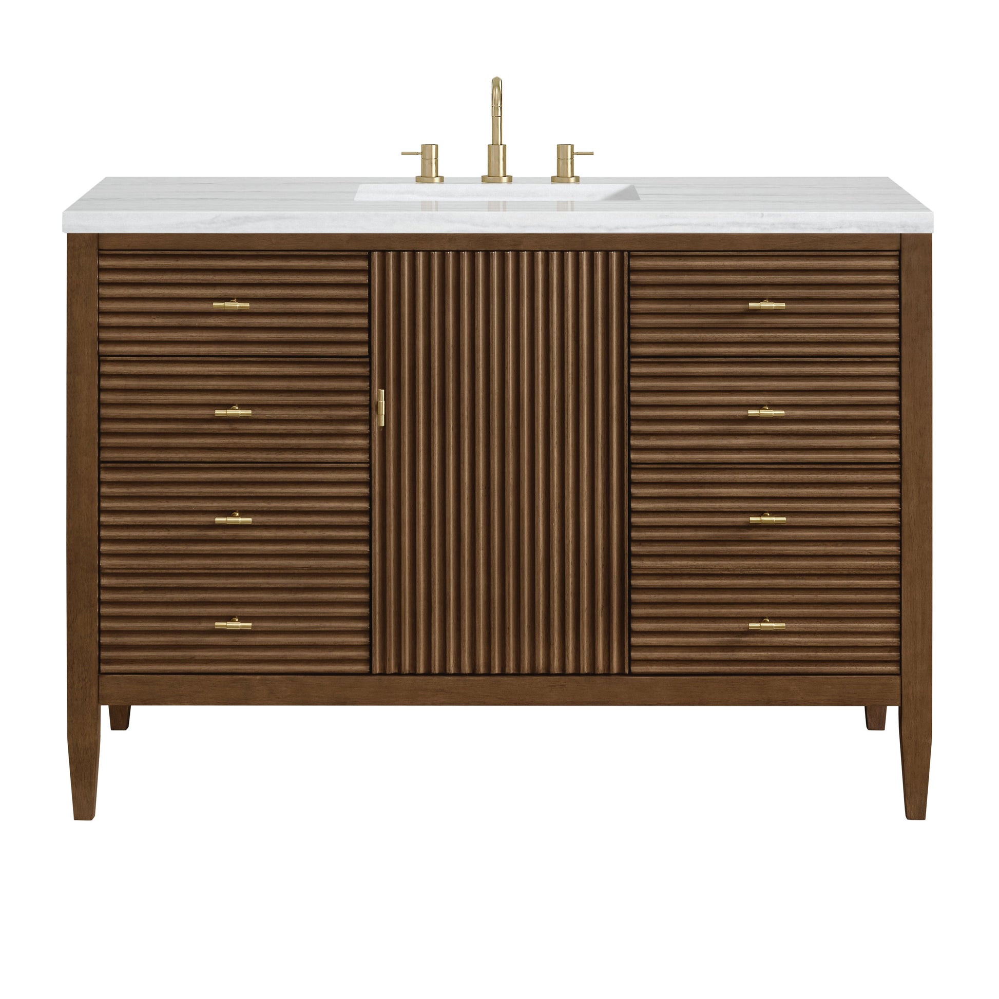 James Martin Vanities Myrrin 48" Mid Century Walnut Vanity With 3 cm Arctic Fall Solid Surface Top