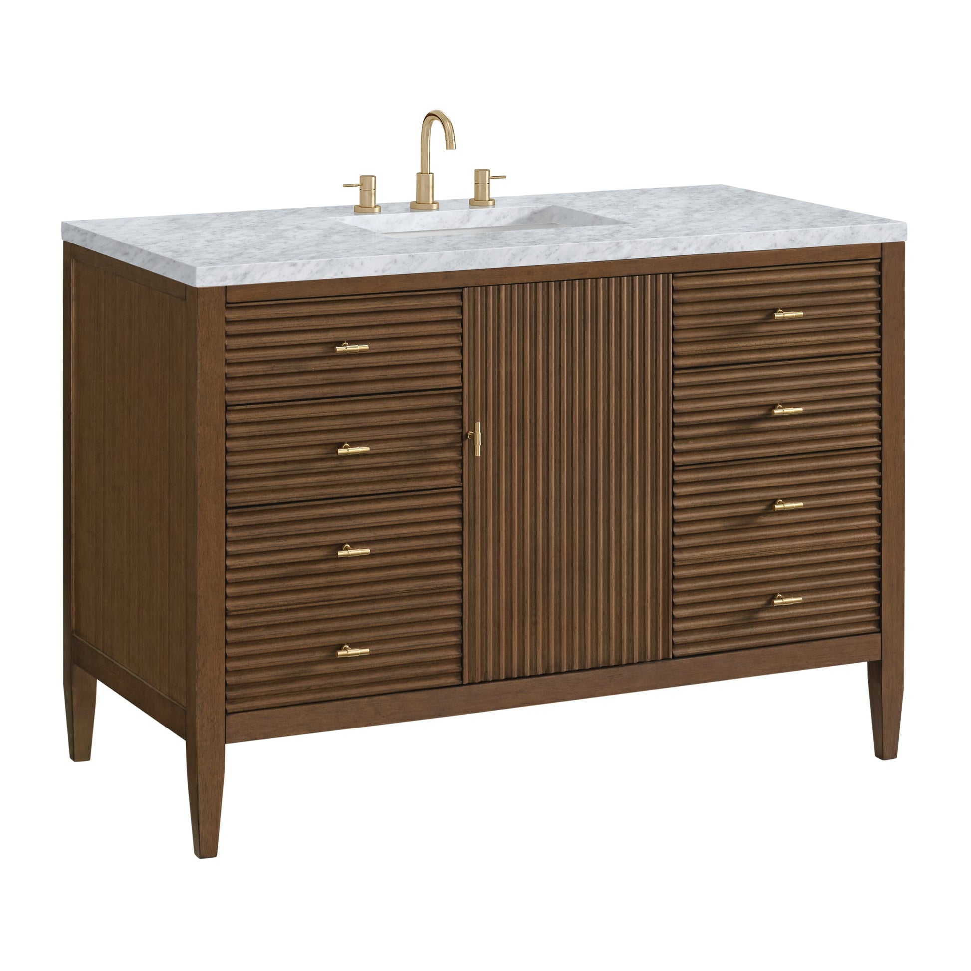 James Martin Vanities Myrrin 48" Mid Century Walnut Vanity With 3 cm Carrara White Marble Top