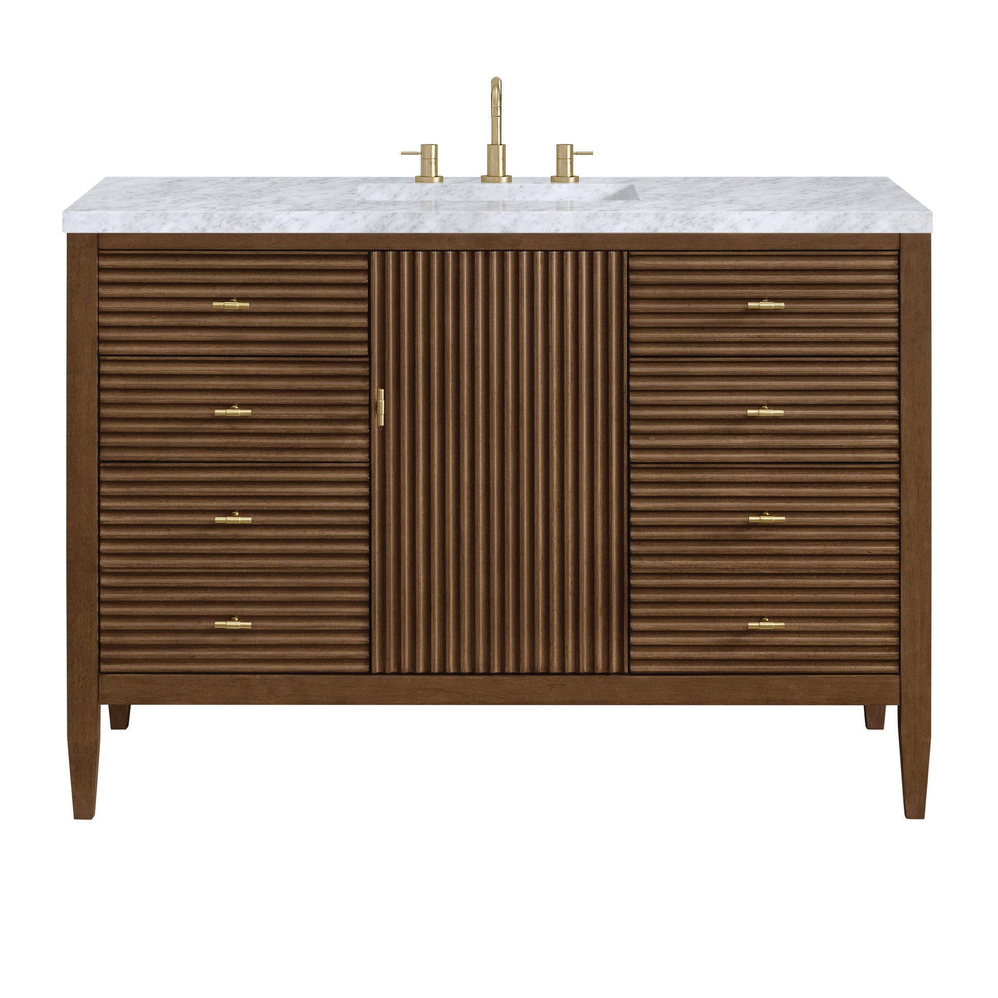 James Martin Vanities Myrrin 48" Mid Century Walnut Vanity With 3 cm Carrara White Marble Top