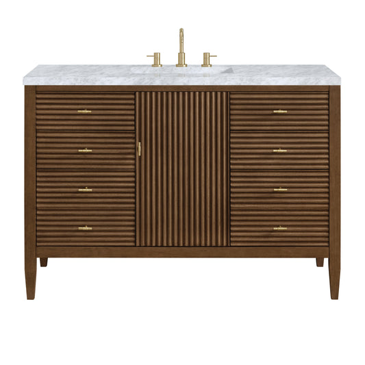 James Martin Vanities Myrrin 48" Mid Century Walnut Vanity With 3 cm Carrara White Marble Top