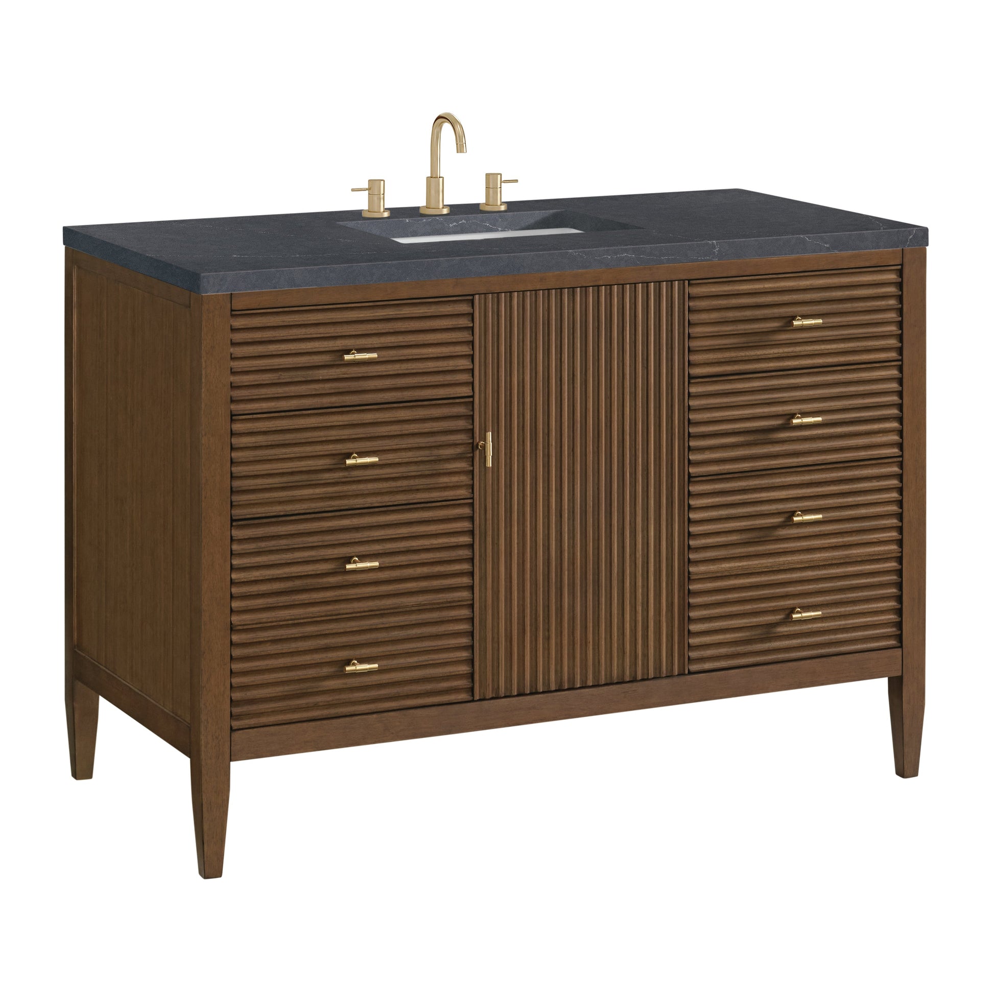 James Martin Vanities Myrrin 48" Mid Century Walnut Vanity With 3 cm Charcoal Soapstone Quartz Top