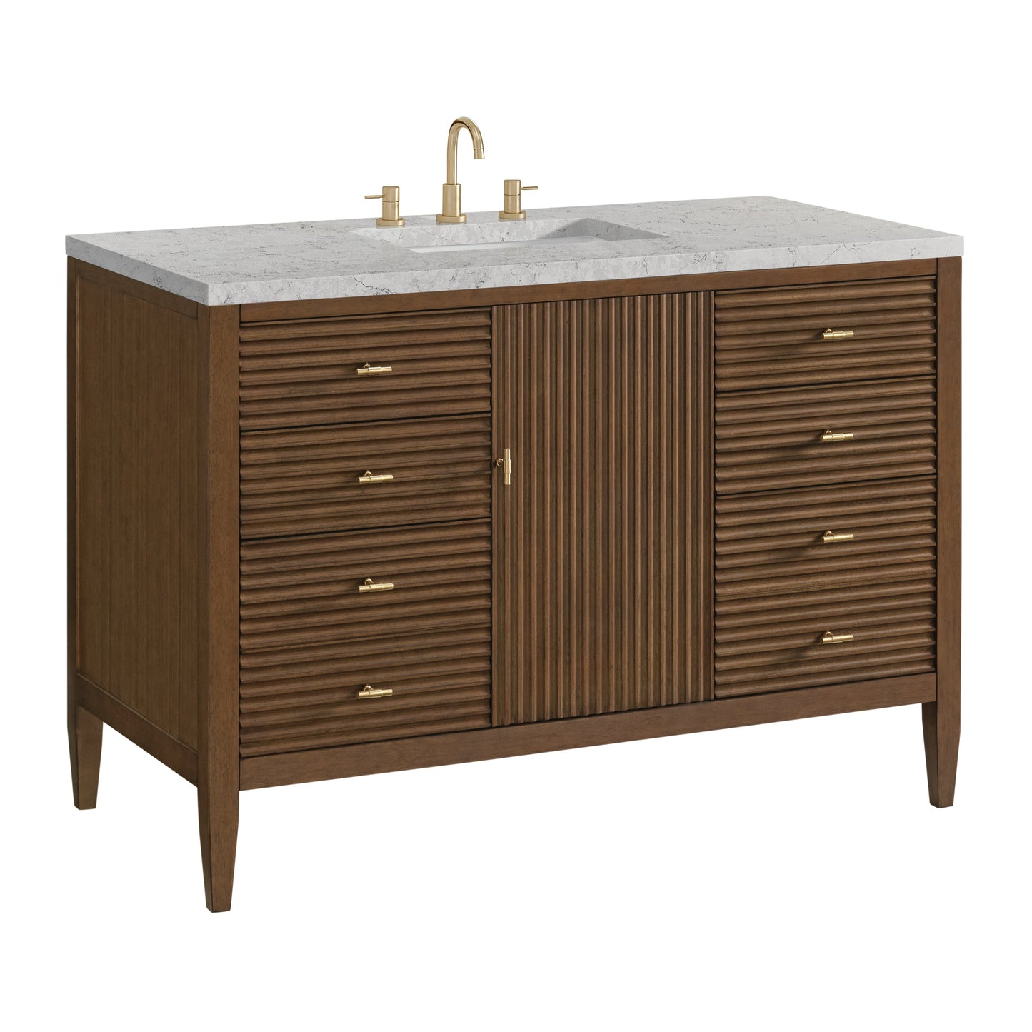 James Martin Vanities Myrrin 48" Mid Century Walnut Vanity With 3 cm Eternal Jasmine Pearl Quartz Top