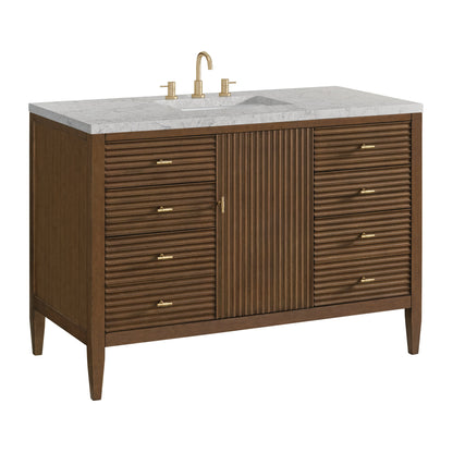 James Martin Vanities Myrrin 48" Mid Century Walnut Vanity With 3 cm Eternal Jasmine Pearl Quartz Top