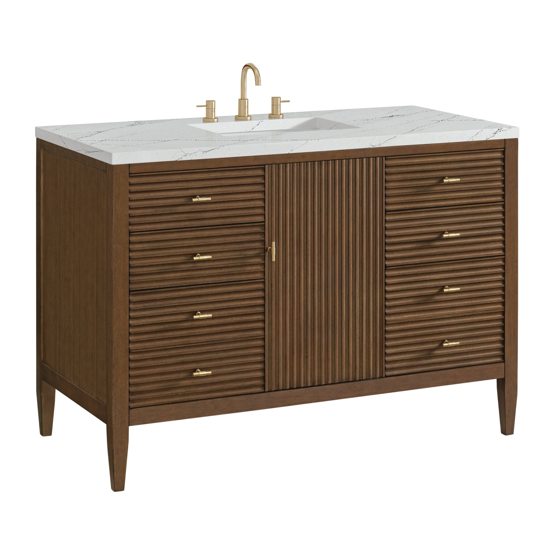 James Martin Vanities Myrrin 48" Mid Century Walnut Vanity With 3 cm Ethereal Noctis Quartz Top