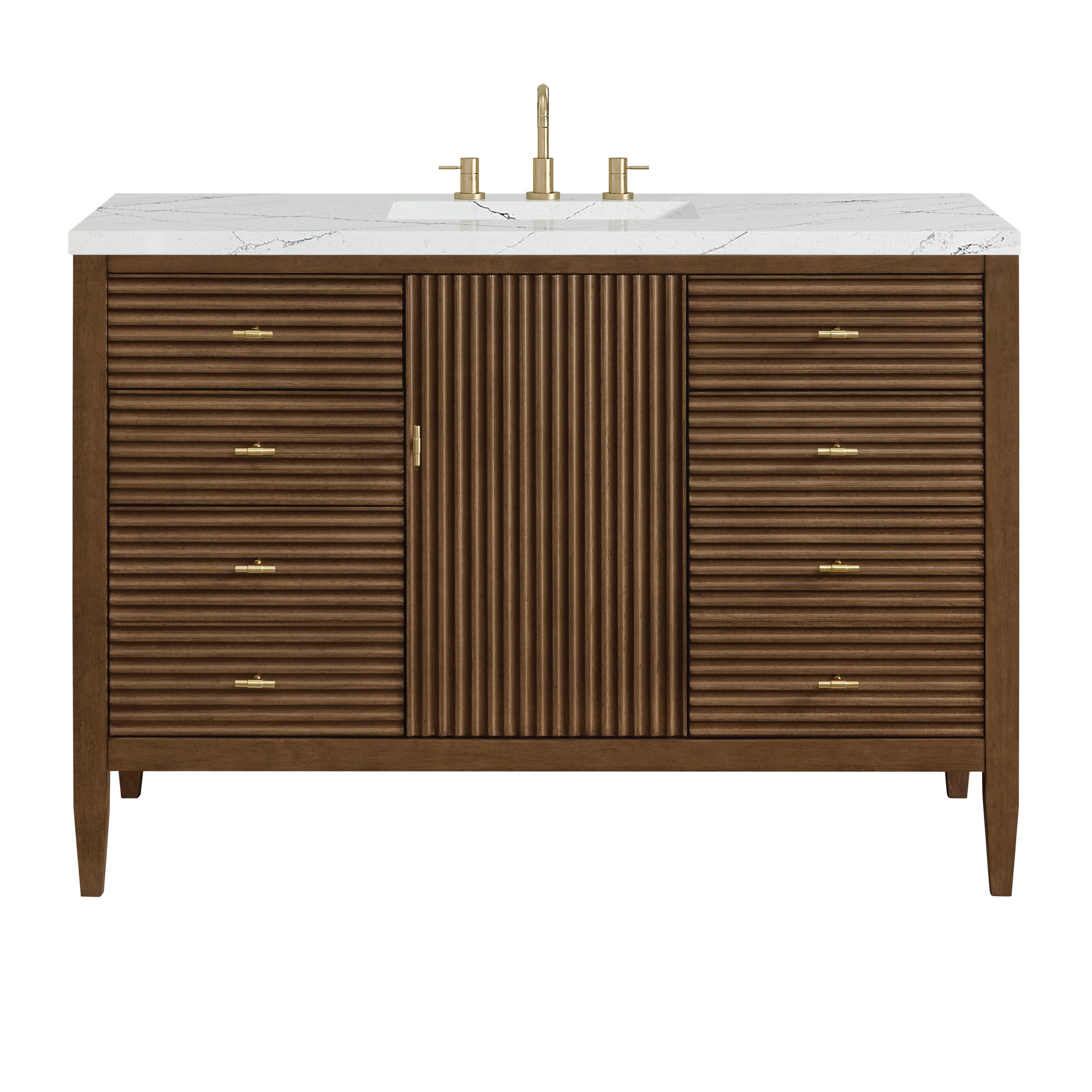 James Martin Vanities Myrrin 48" Mid Century Walnut Vanity With 3 cm Ethereal Noctis Quartz Top