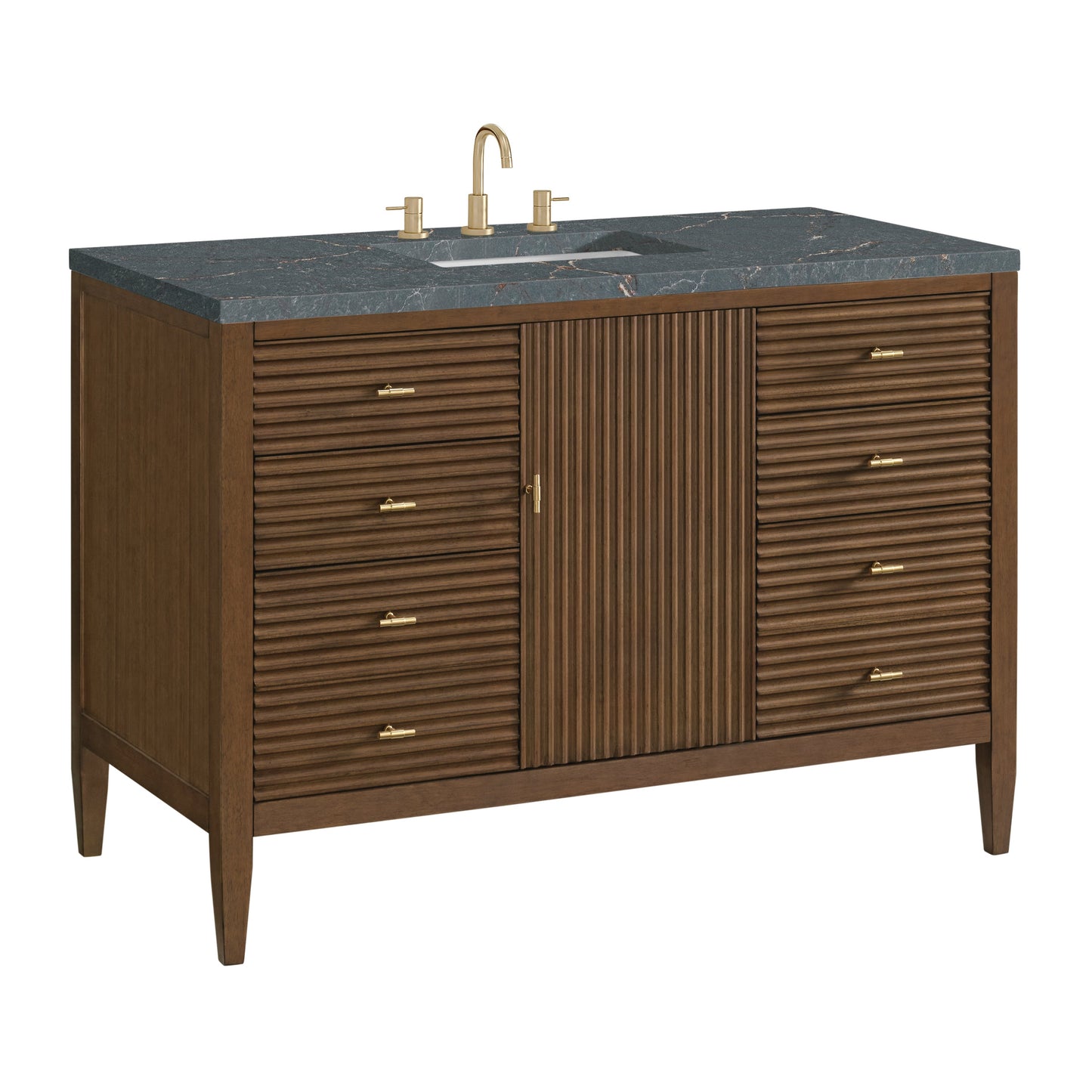 James Martin Vanities Myrrin 48" Mid Century Walnut Vanity With 3 cm Parisien Bleu Quartz Top