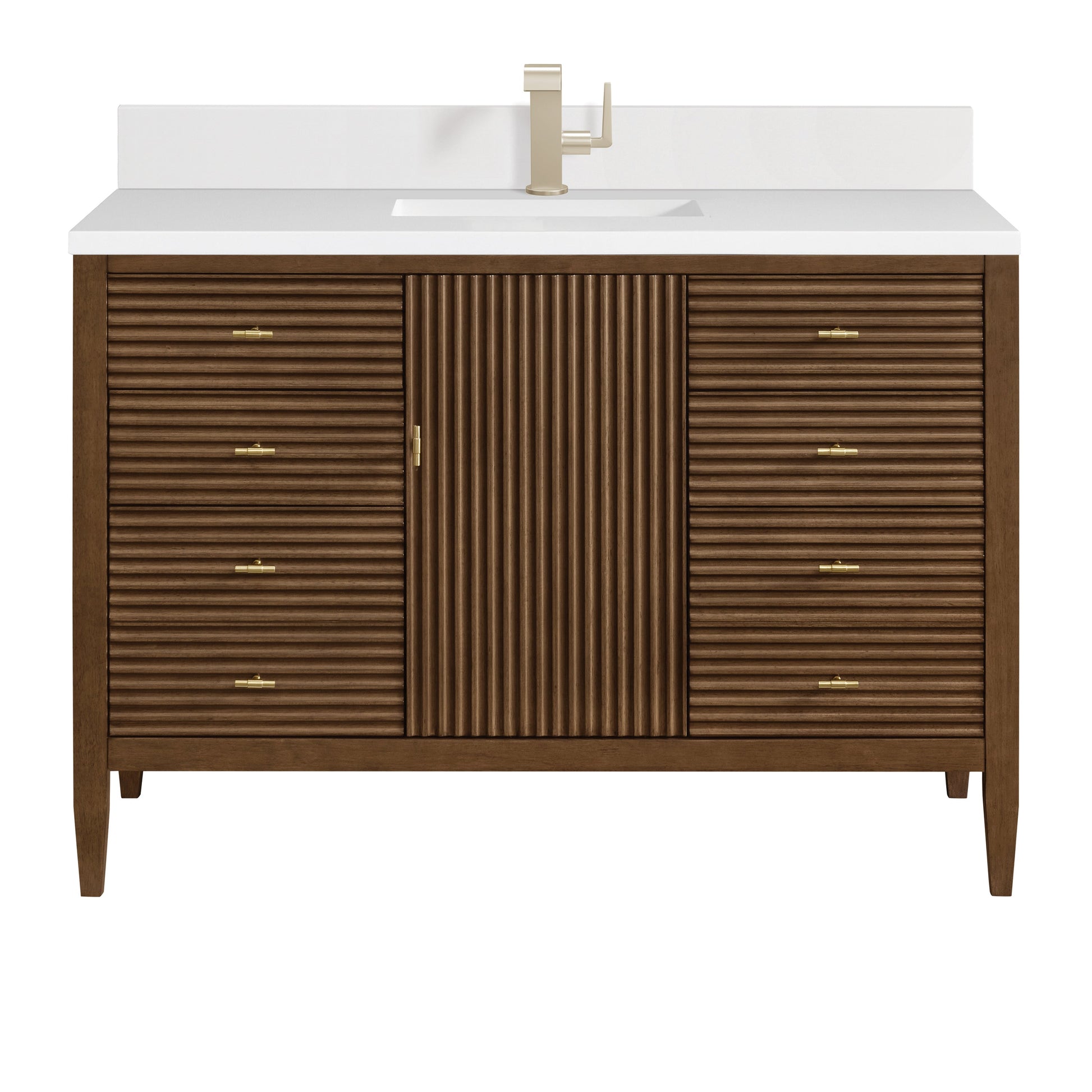 James Martin Vanities Myrrin 48" Mid Century Walnut Vanity With Single Hole 3 cm White Zeus Quartz Top & Backsplash