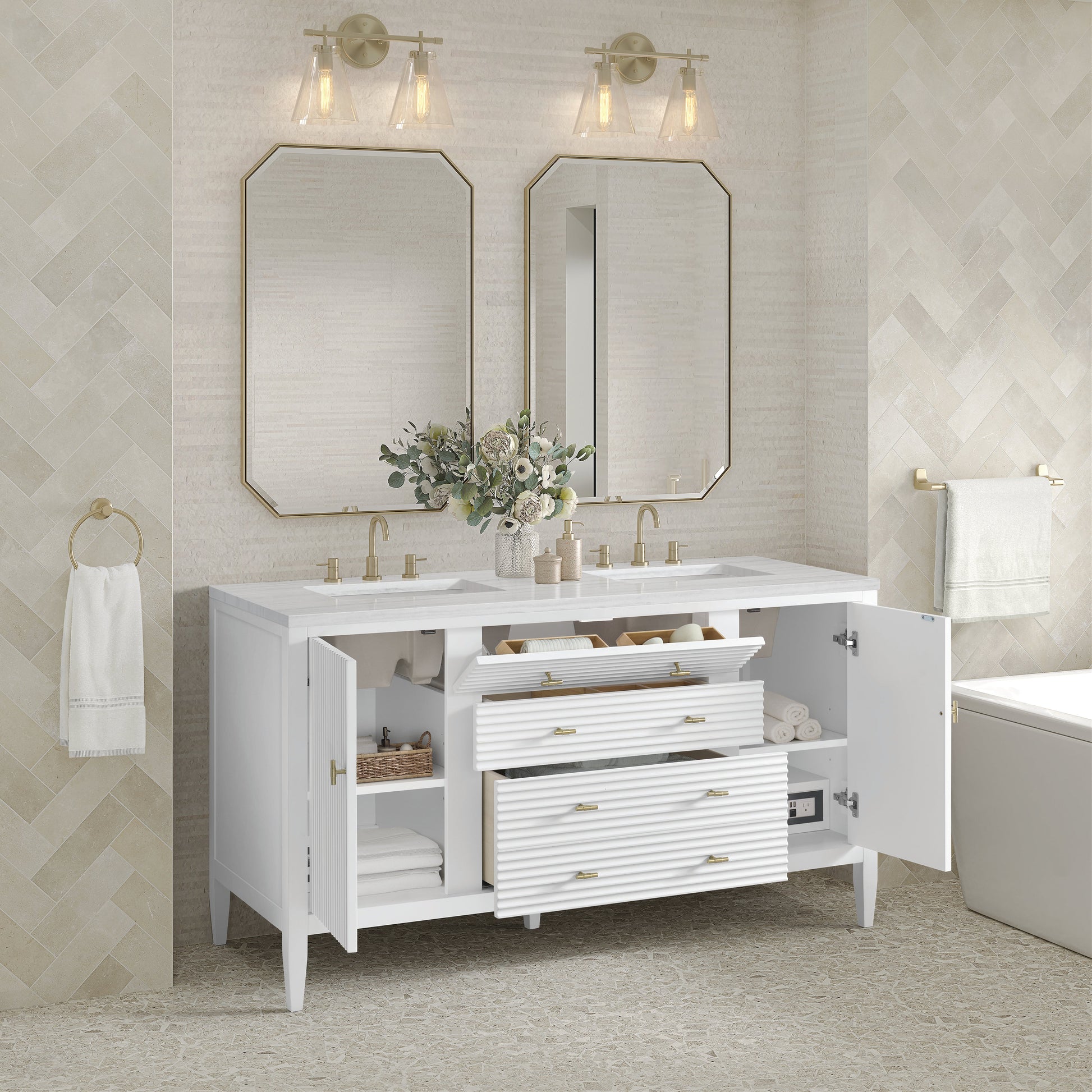 James Martin Vanities Myrrin 60" Bright White Double Vanity With 3 cm Arctic Fall Solid Surface Top