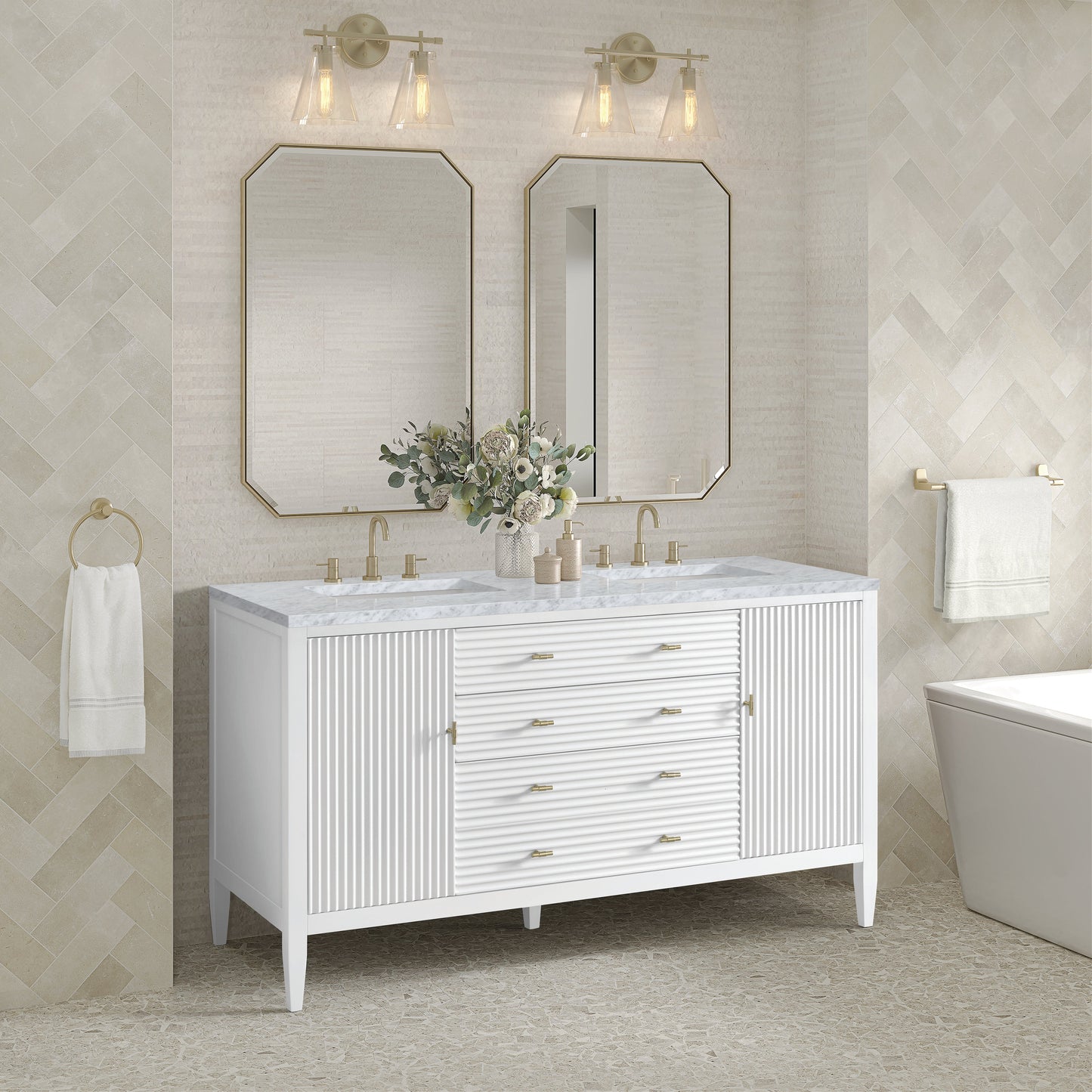 James Martin Vanities Myrrin 60" Bright White Double Vanity With 3 cm Carrara White Marble Top