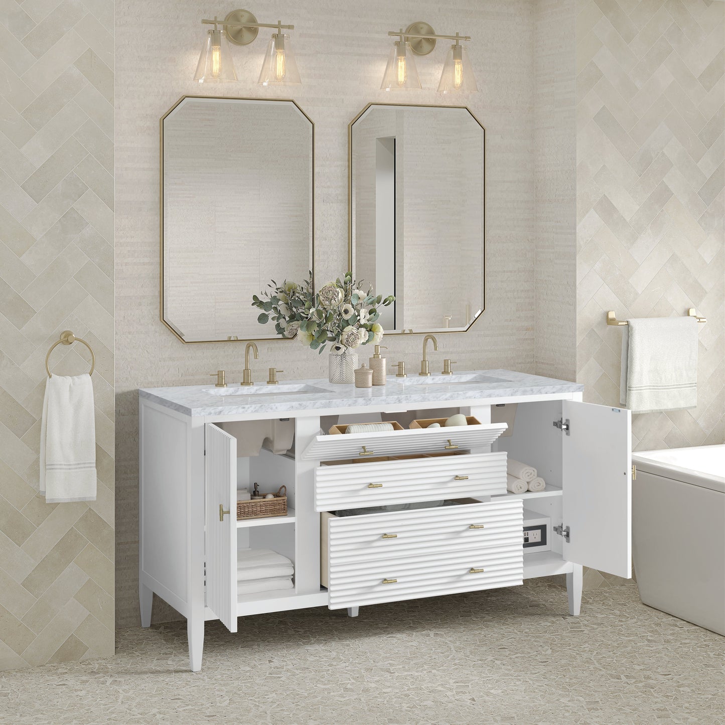 James Martin Vanities Myrrin 60" Bright White Double Vanity With 3 cm Carrara White Marble Top