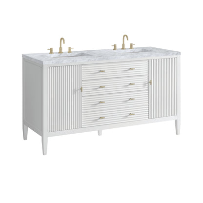 James Martin Vanities Myrrin 60" Bright White Double Vanity With 3 cm Carrara White Marble Top