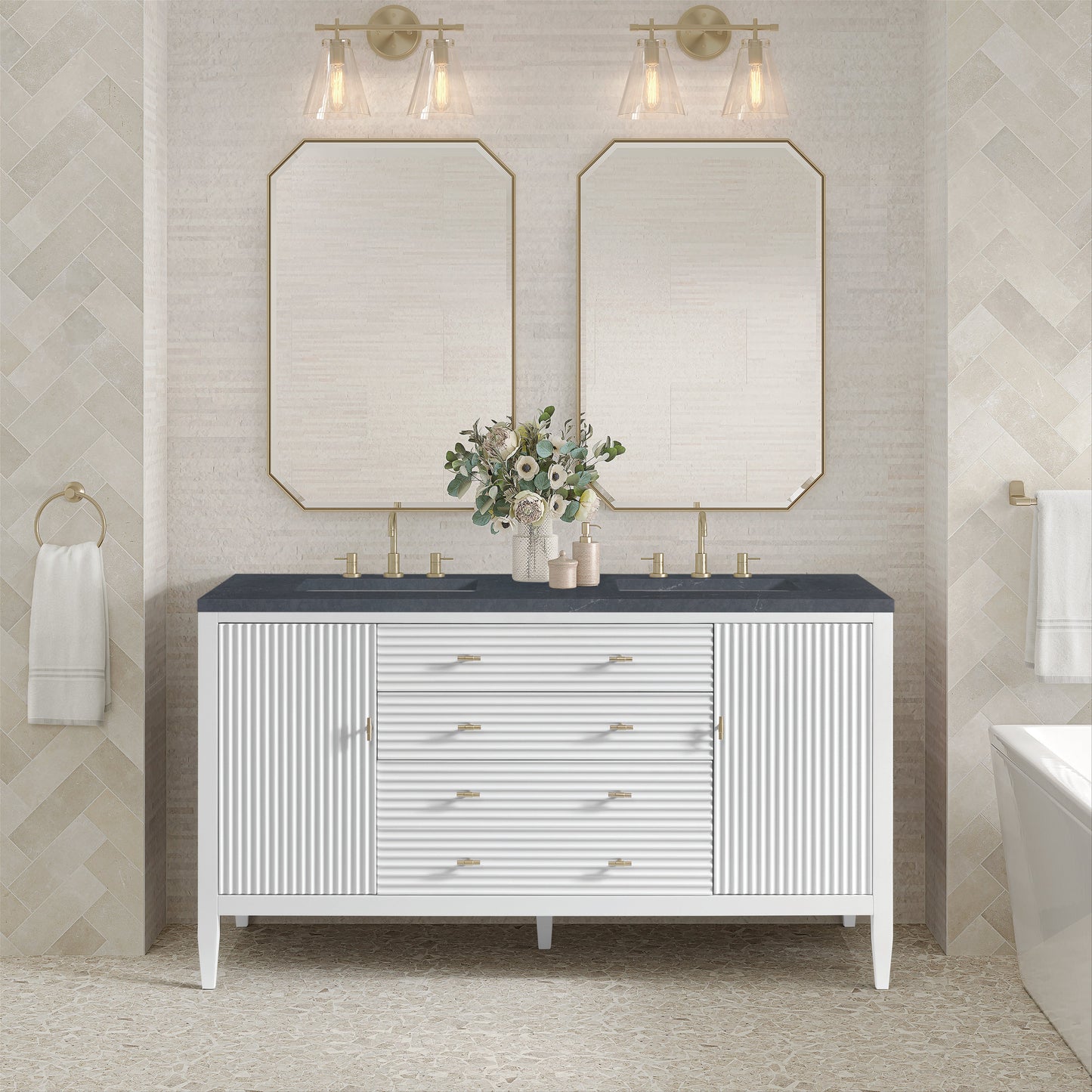 James Martin Vanities Myrrin 60" Bright White Double Vanity With 3 cm Charcoal Soapstone Quartz Top