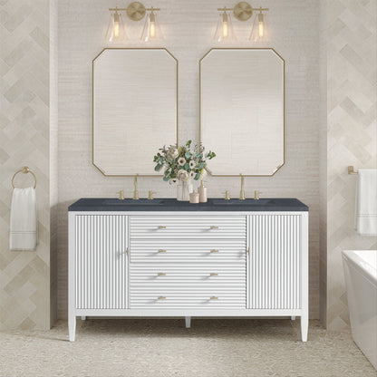 James Martin Vanities Myrrin 60" Bright White Double Vanity With 3 cm Charcoal Soapstone Quartz Top