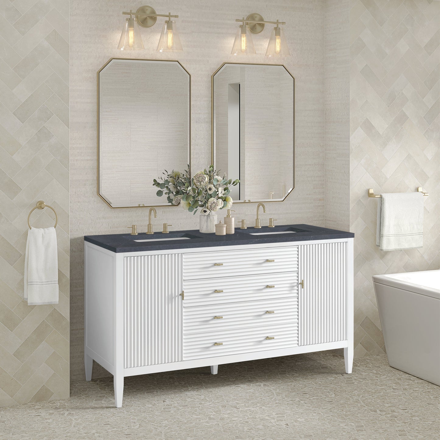 James Martin Vanities Myrrin 60" Bright White Double Vanity With 3 cm Charcoal Soapstone Quartz Top