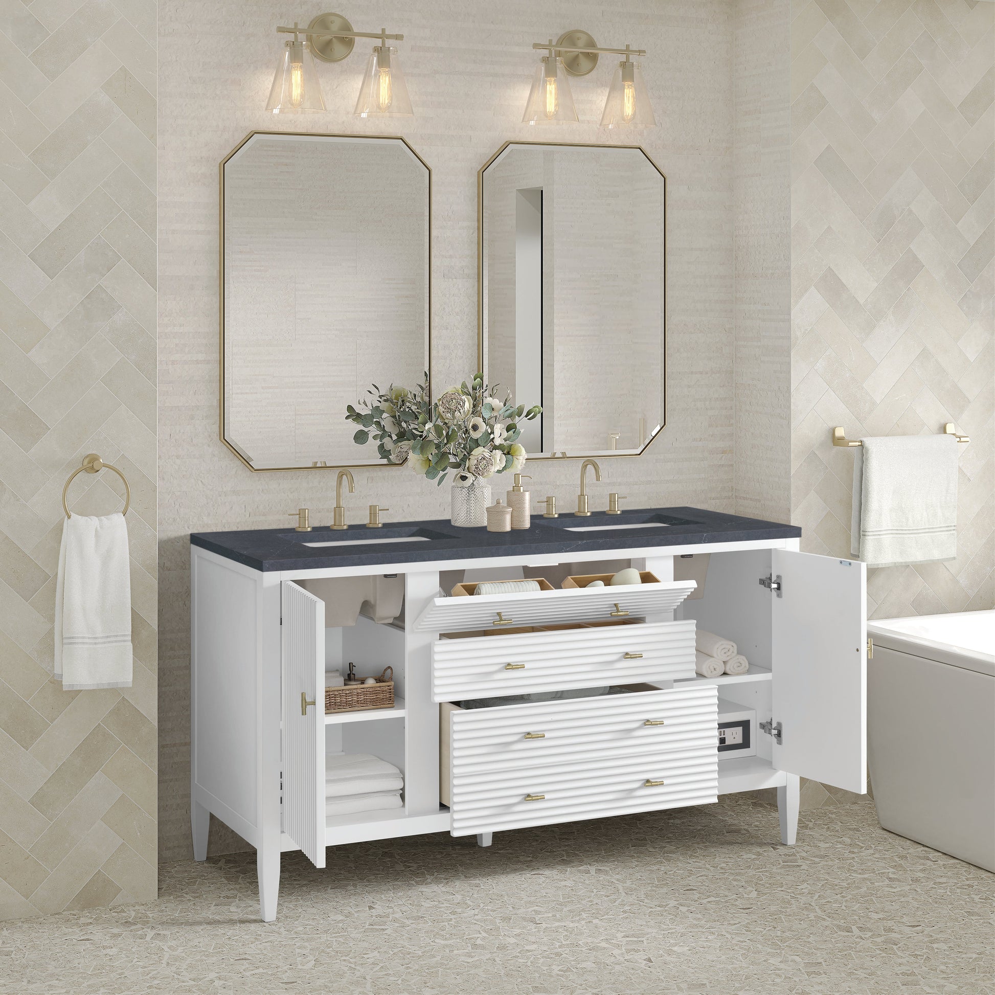 James Martin Vanities Myrrin 60" Bright White Double Vanity With 3 cm Charcoal Soapstone Quartz Top