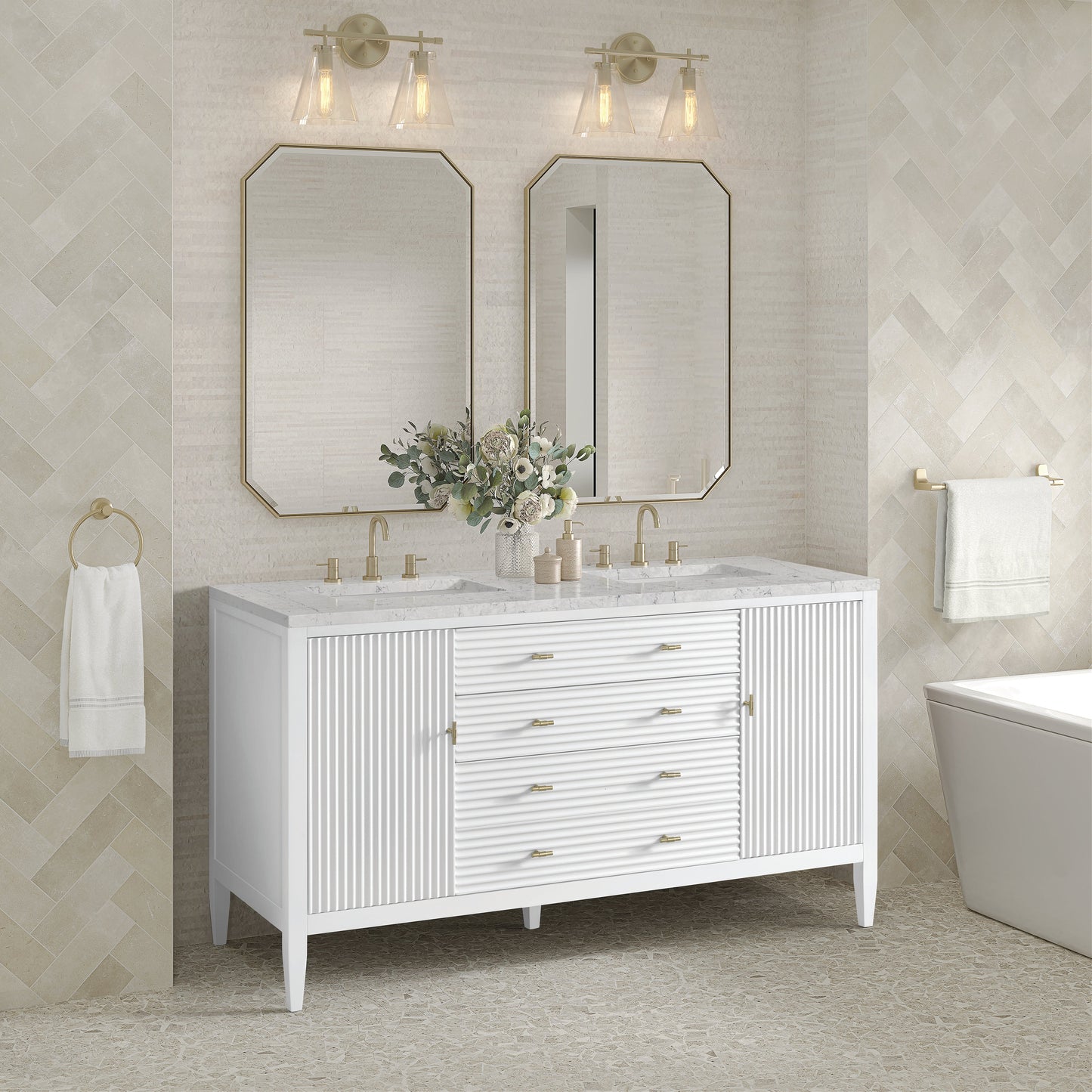 James Martin Vanities Myrrin 60" Bright White Double Vanity With 3 cm Eternal Jasmine Pearl Quartz Top