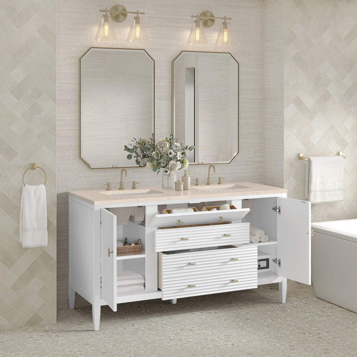 James Martin Vanities Myrrin 60" Bright White Double Vanity With 3 cm Eternal Marfil Quartz Top