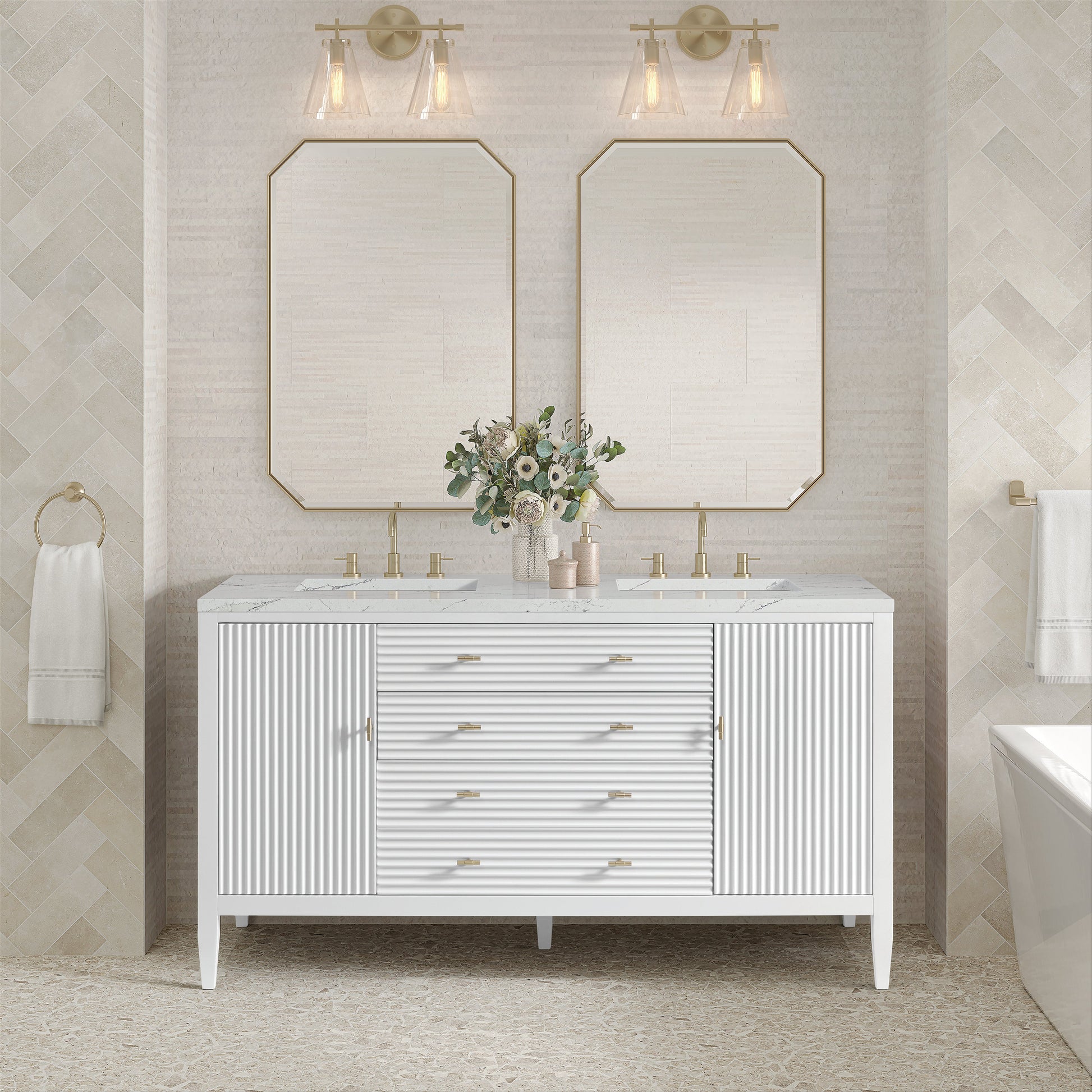 James Martin Vanities Myrrin 60" Bright White Double Vanity With 3 cm Ethereal Noctis Quartz Top