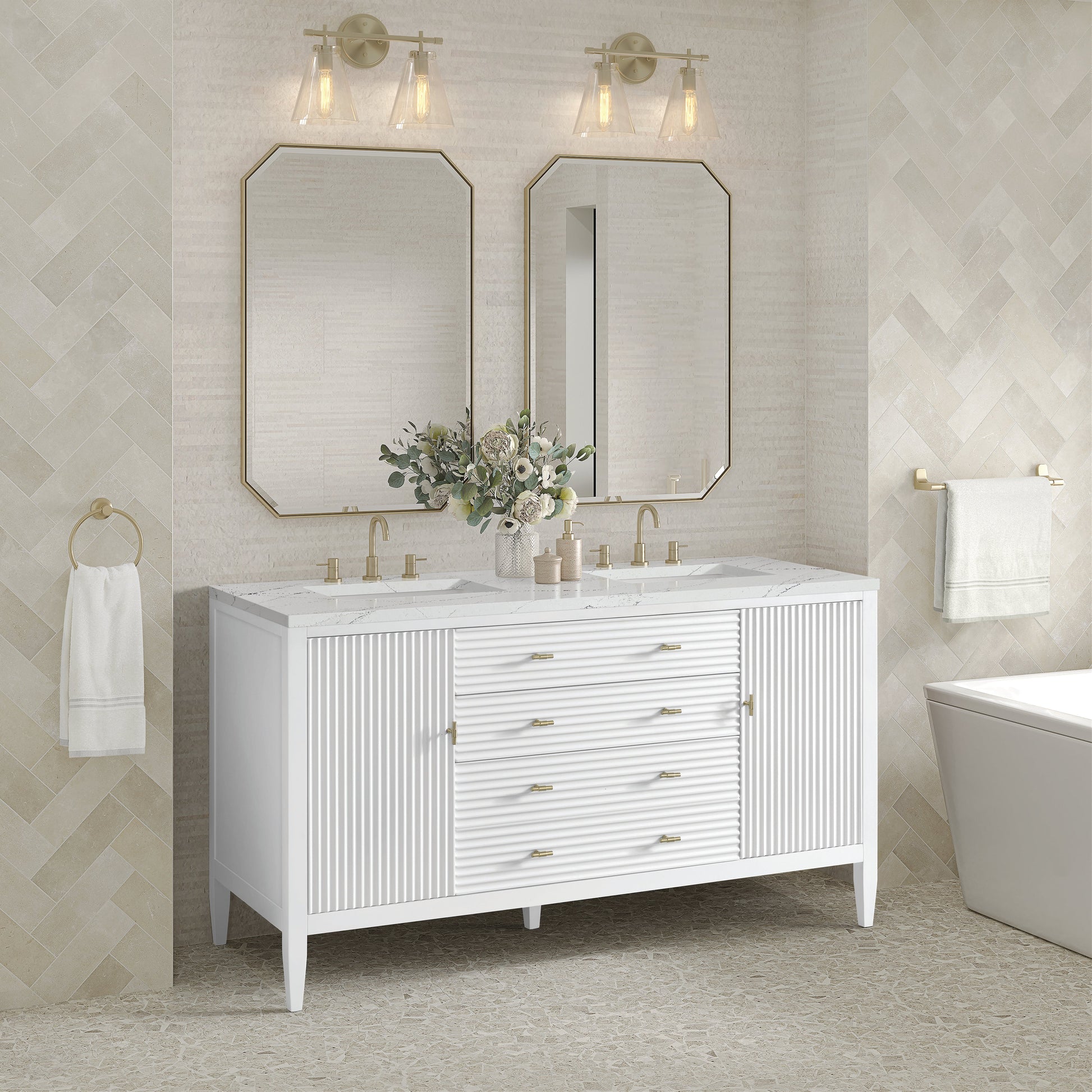 James Martin Vanities Myrrin 60" Bright White Double Vanity With 3 cm Ethereal Noctis Quartz Top