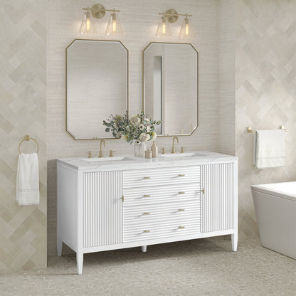 James Martin Vanities Myrrin 60" Bright White Double Vanity With 3 cm Ethereal Noctis Quartz Top