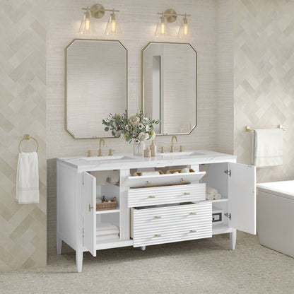 James Martin Vanities Myrrin 60" Bright White Double Vanity With 3 cm Ethereal Noctis Quartz Top