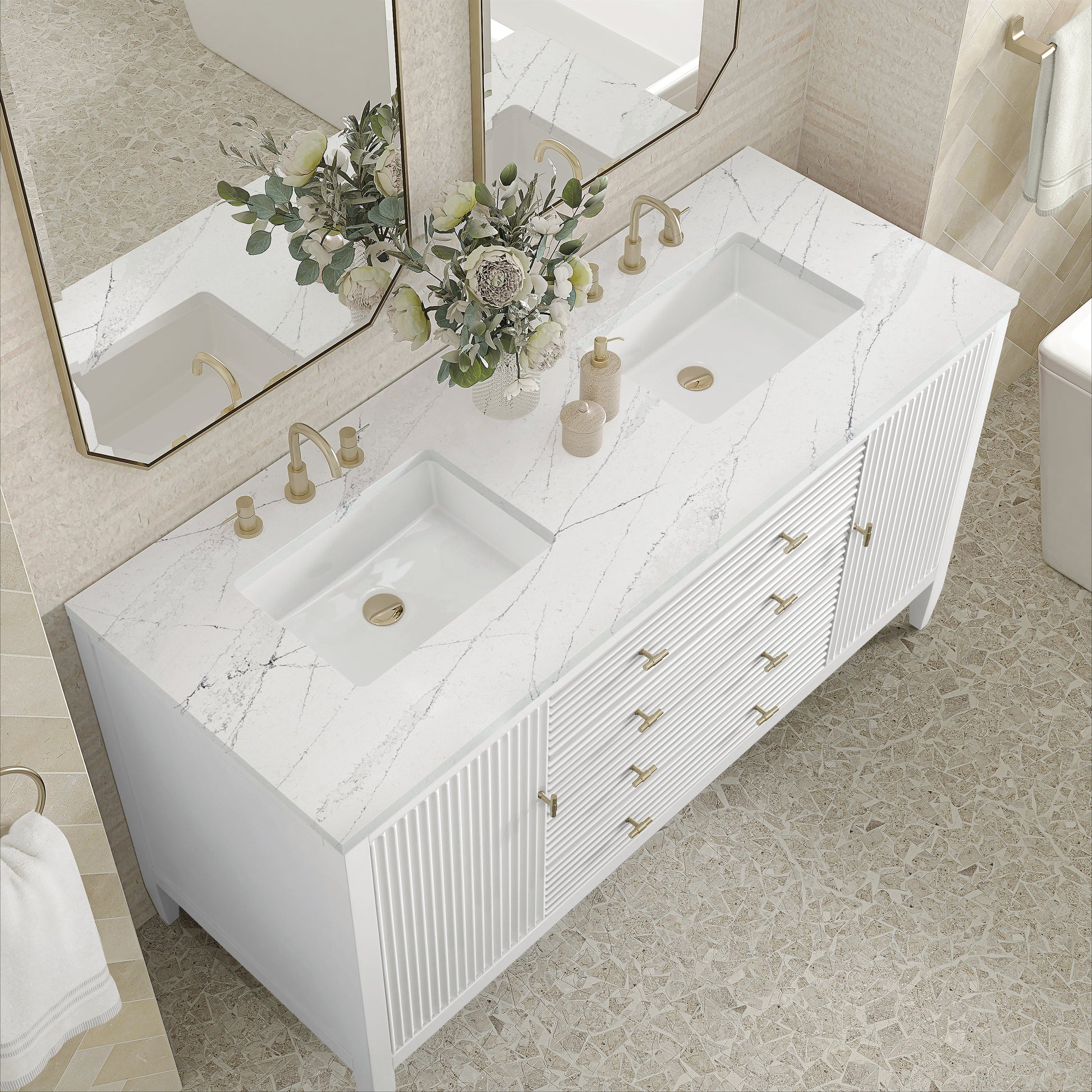 James Martin Vanities Myrrin 60" Bright White Double Vanity With 3 cm Ethereal Noctis Quartz Top