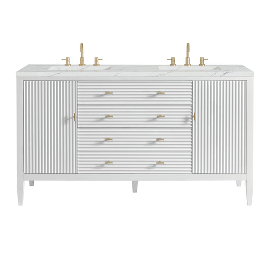 James Martin Vanities Myrrin 60" Bright White Double Vanity With 3 cm Ethereal Noctis Silestone Top and FreePower Wireless Charger