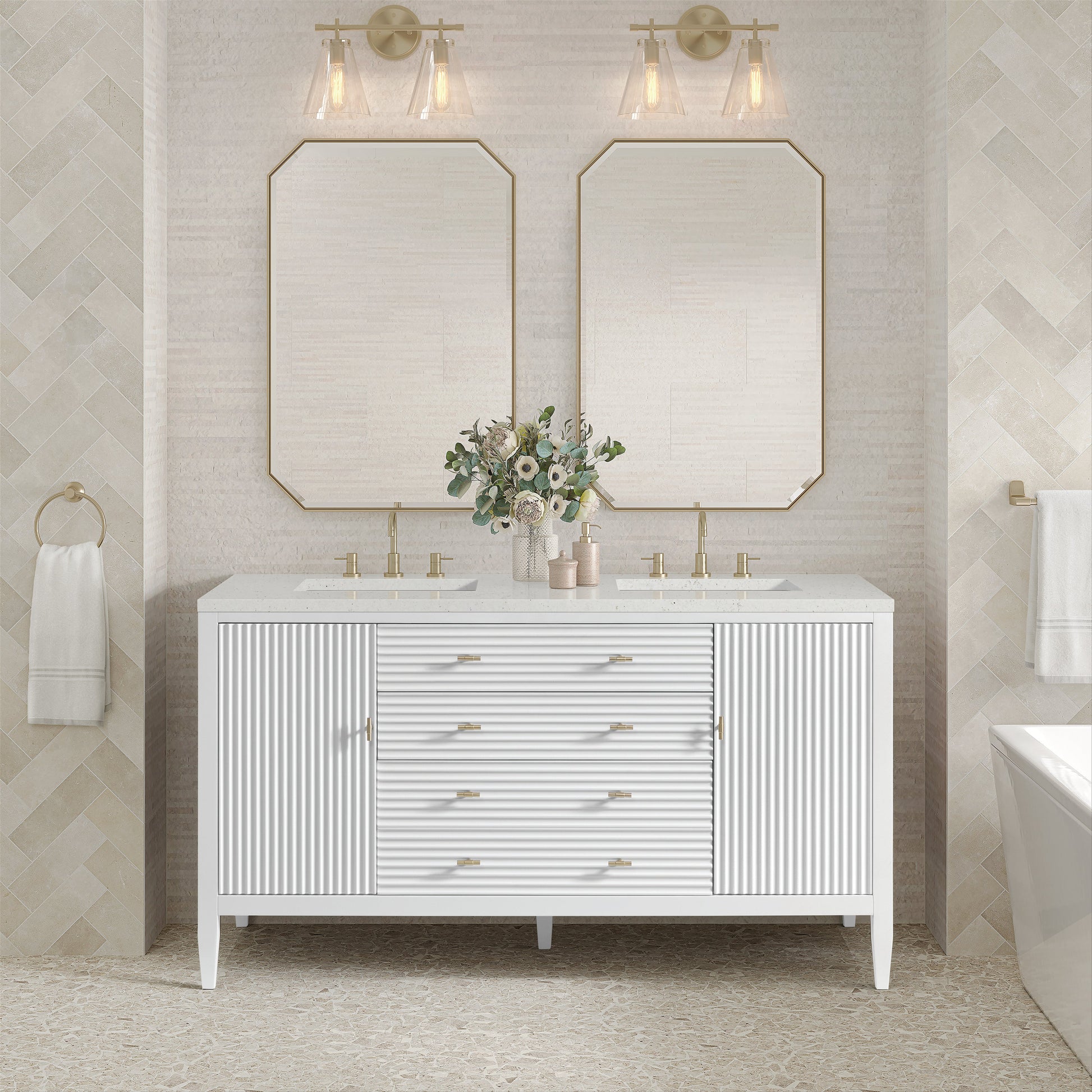 James Martin Vanities Myrrin 60" Bright White Double Vanity With 3 cm Lime Delight Quartz Top