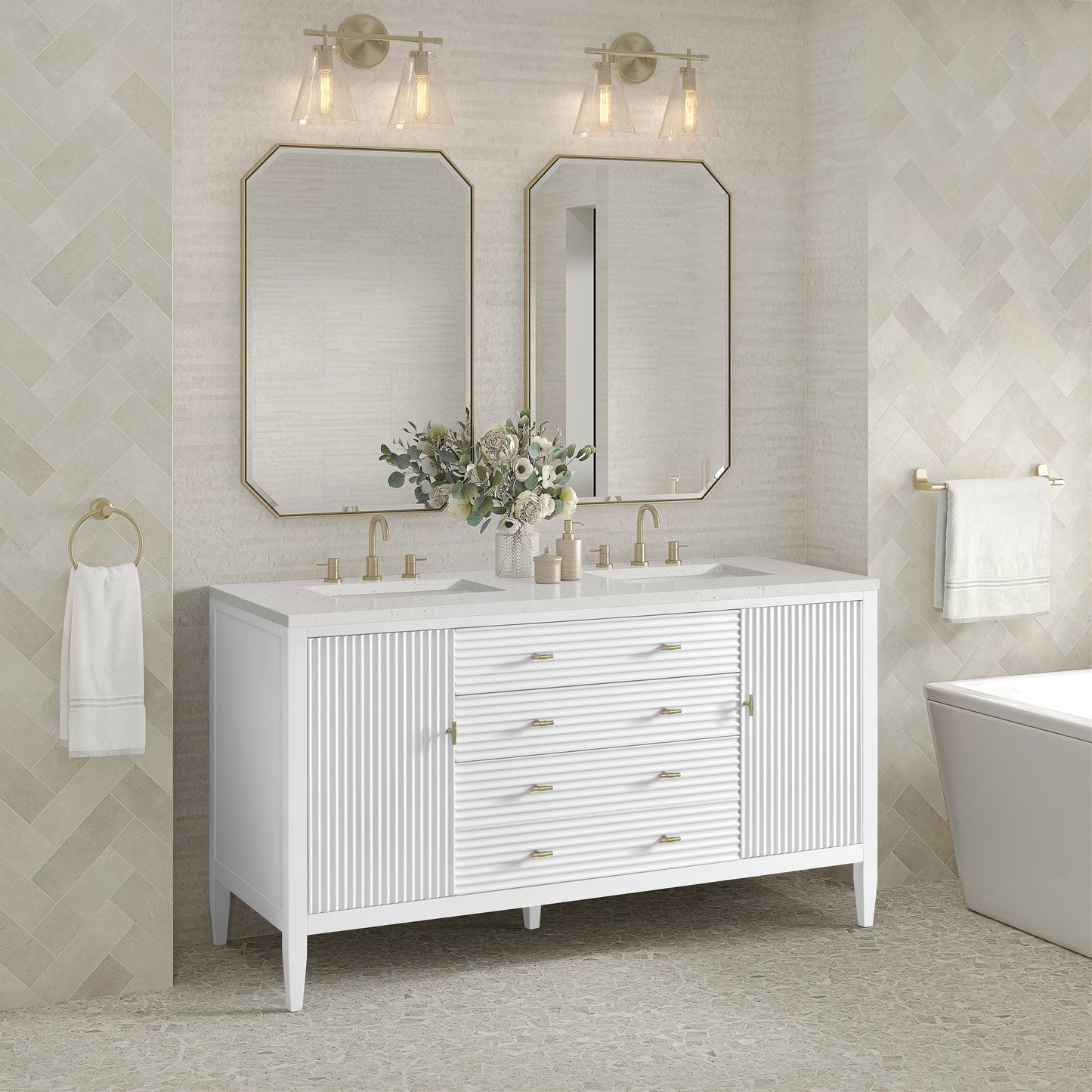 James Martin Vanities Myrrin 60" Bright White Double Vanity With 3 cm Lime Delight Quartz Top