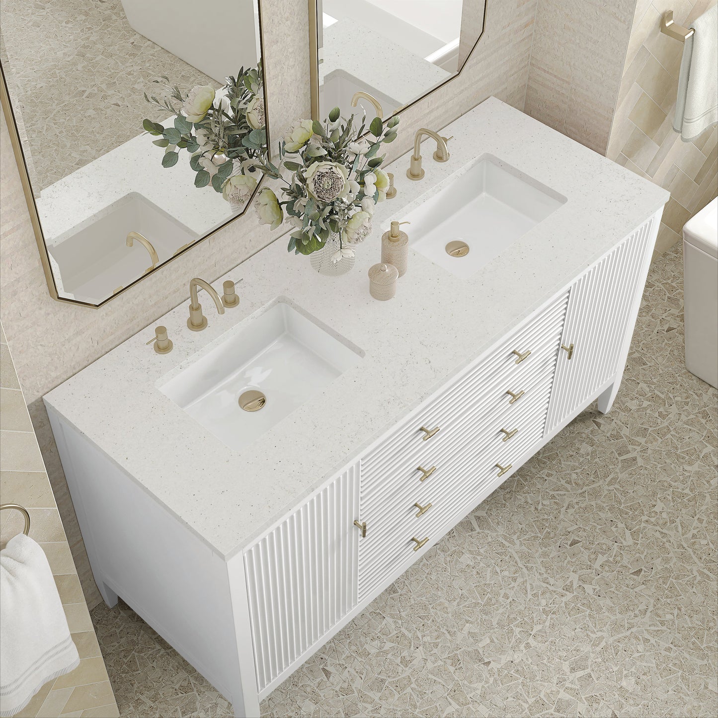 James Martin Vanities Myrrin 60" Bright White Double Vanity With 3 cm Lime Delight Quartz Top