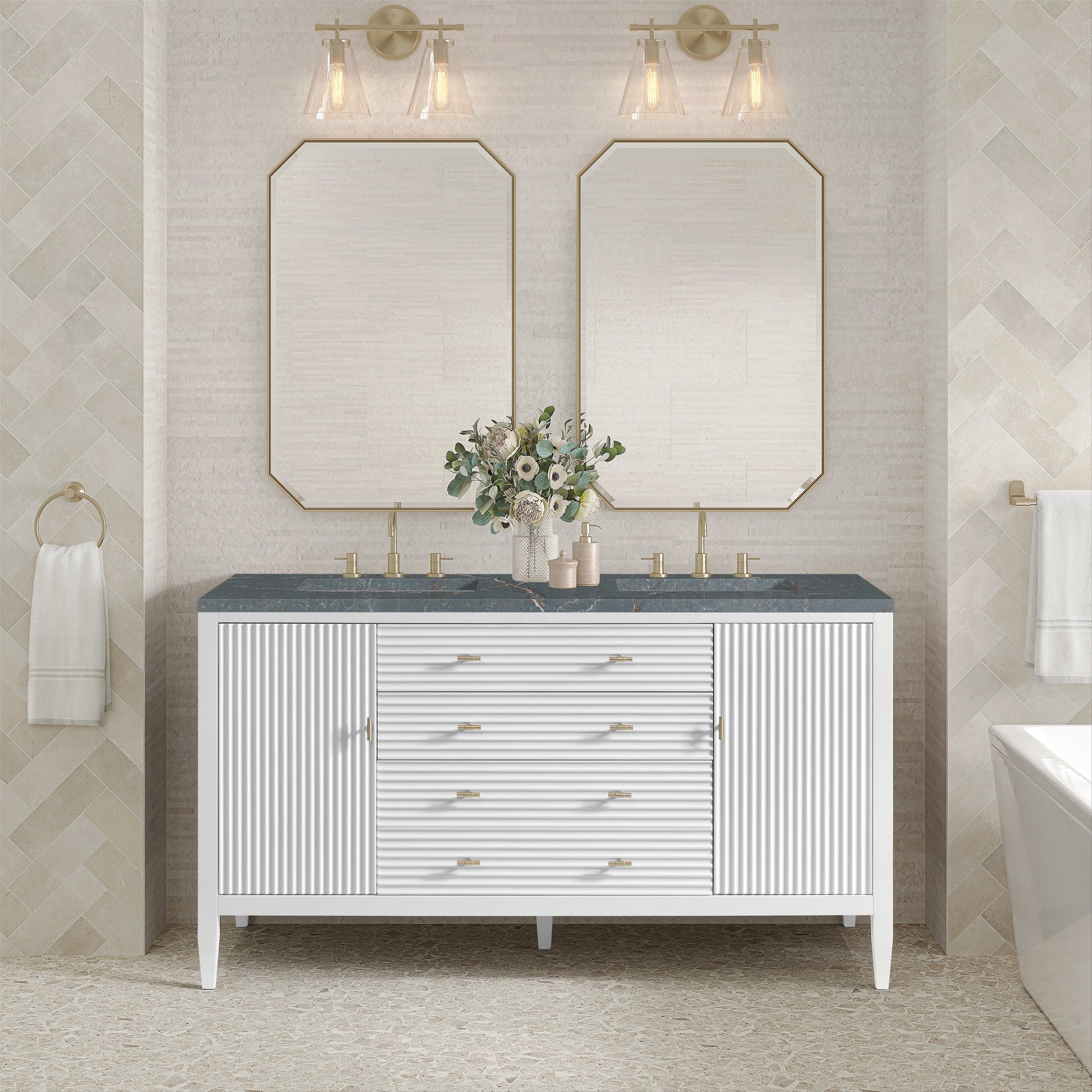 James Martin Vanities Myrrin 60" Bright White Double Vanity With 3 cm Parisien Bleu Quartz Top