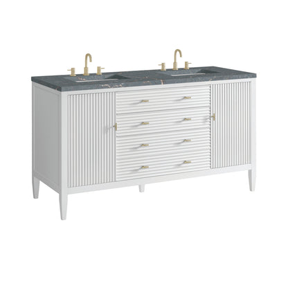 James Martin Vanities Myrrin 60" Bright White Double Vanity With 3 cm Parisien Bleu Quartz Top