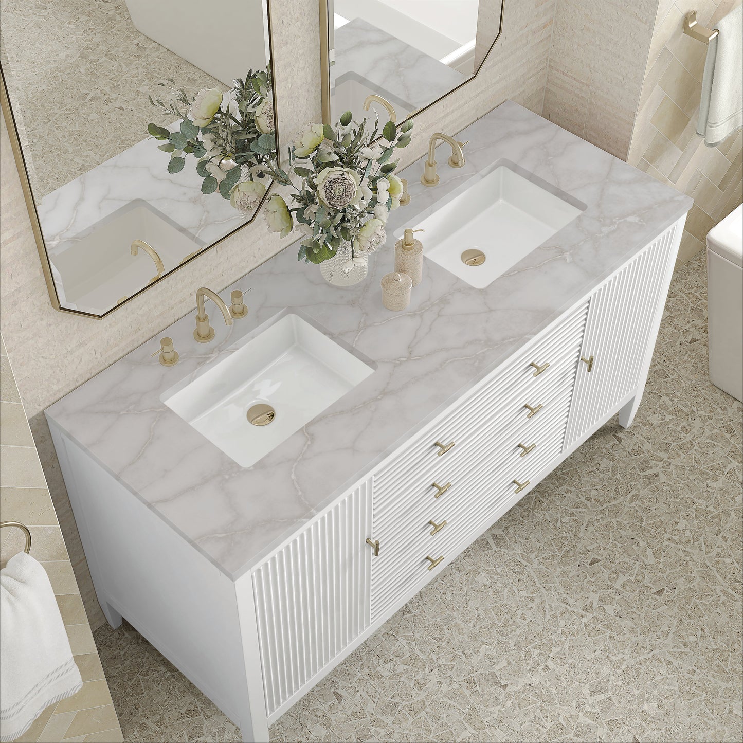 James Martin Vanities Myrrin 60" Bright White Double Vanity With 3 cm Victorian Silver Quartz Top