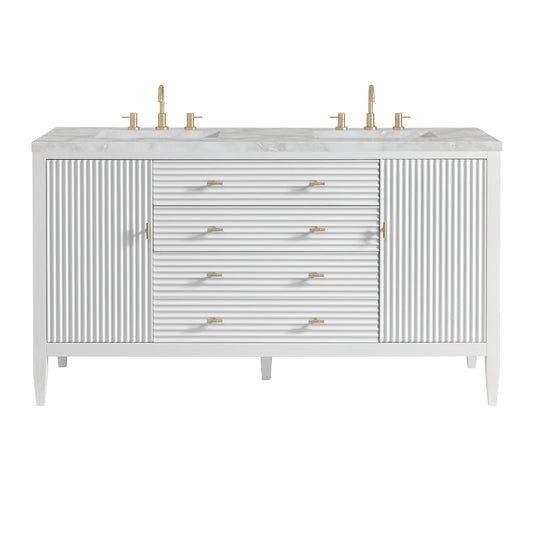 James Martin Vanities Myrrin 60" Bright White Double Vanity With 3 cm Victorian Silver Silestone Top and FreePower Wireless Charger