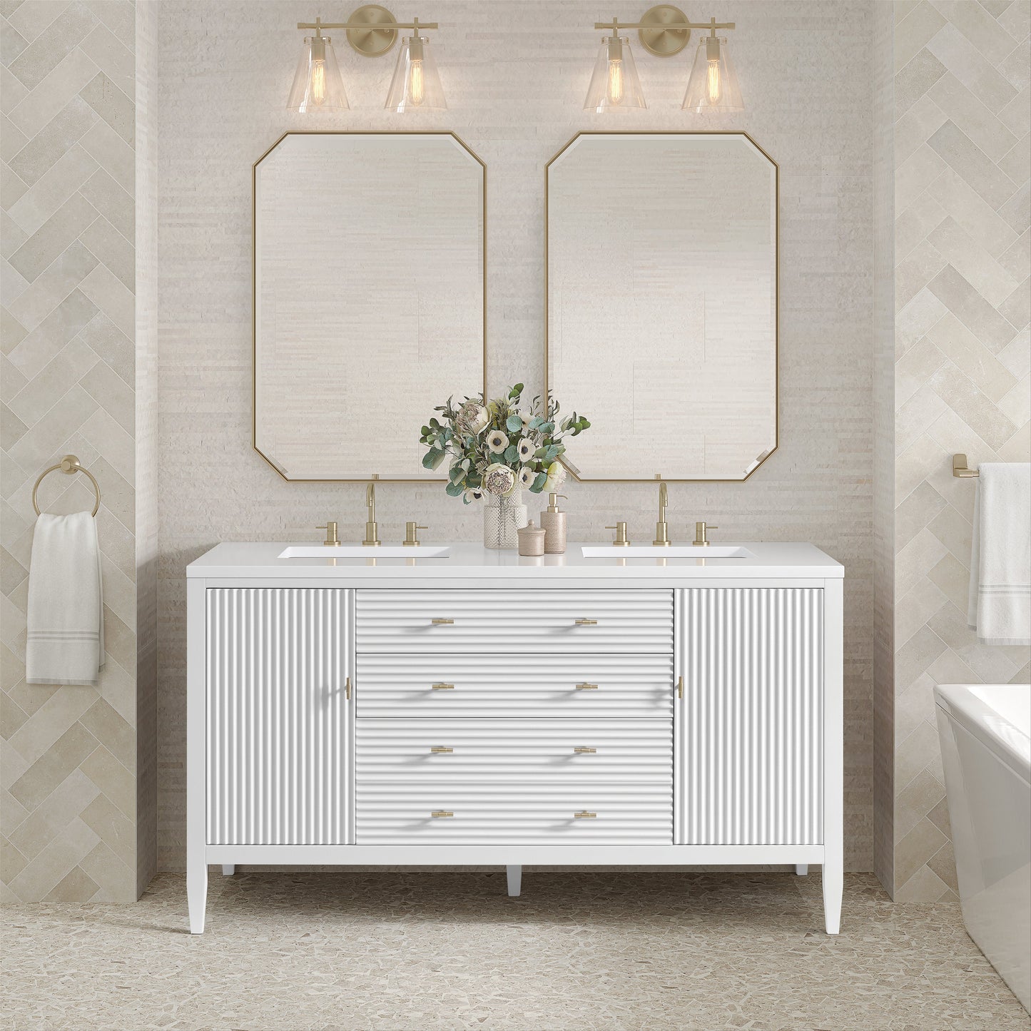 James Martin Vanities Myrrin 60" Bright White Double Vanity With 3 cm White Zeus Quartz Top