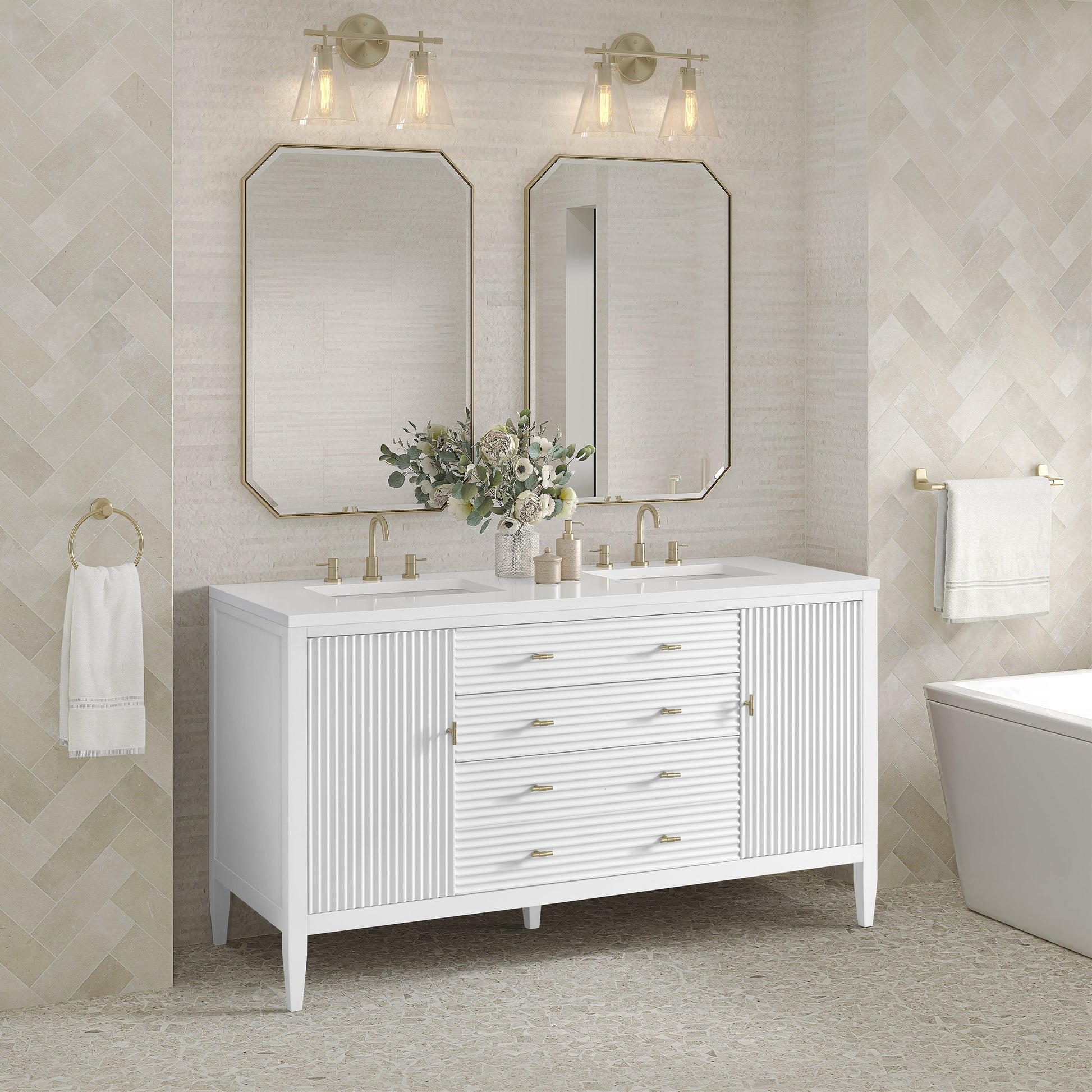 James Martin Vanities Myrrin 60" Bright White Double Vanity With 3 cm White Zeus Quartz Top