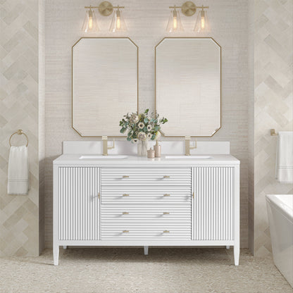 James Martin Vanities Myrrin 60" Bright White Double Vanity With Single Hole 3 cm White Zeus Quartz Top & Backsplash