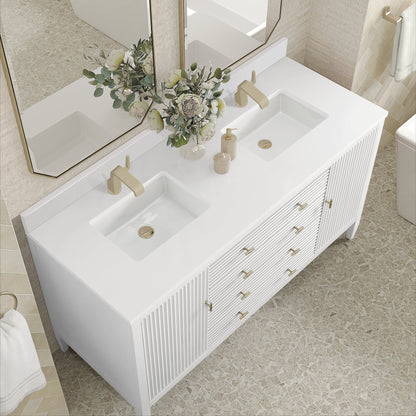 James Martin Vanities Myrrin 60" Bright White Double Vanity With Single Hole 3 cm White Zeus Quartz Top & Backsplash