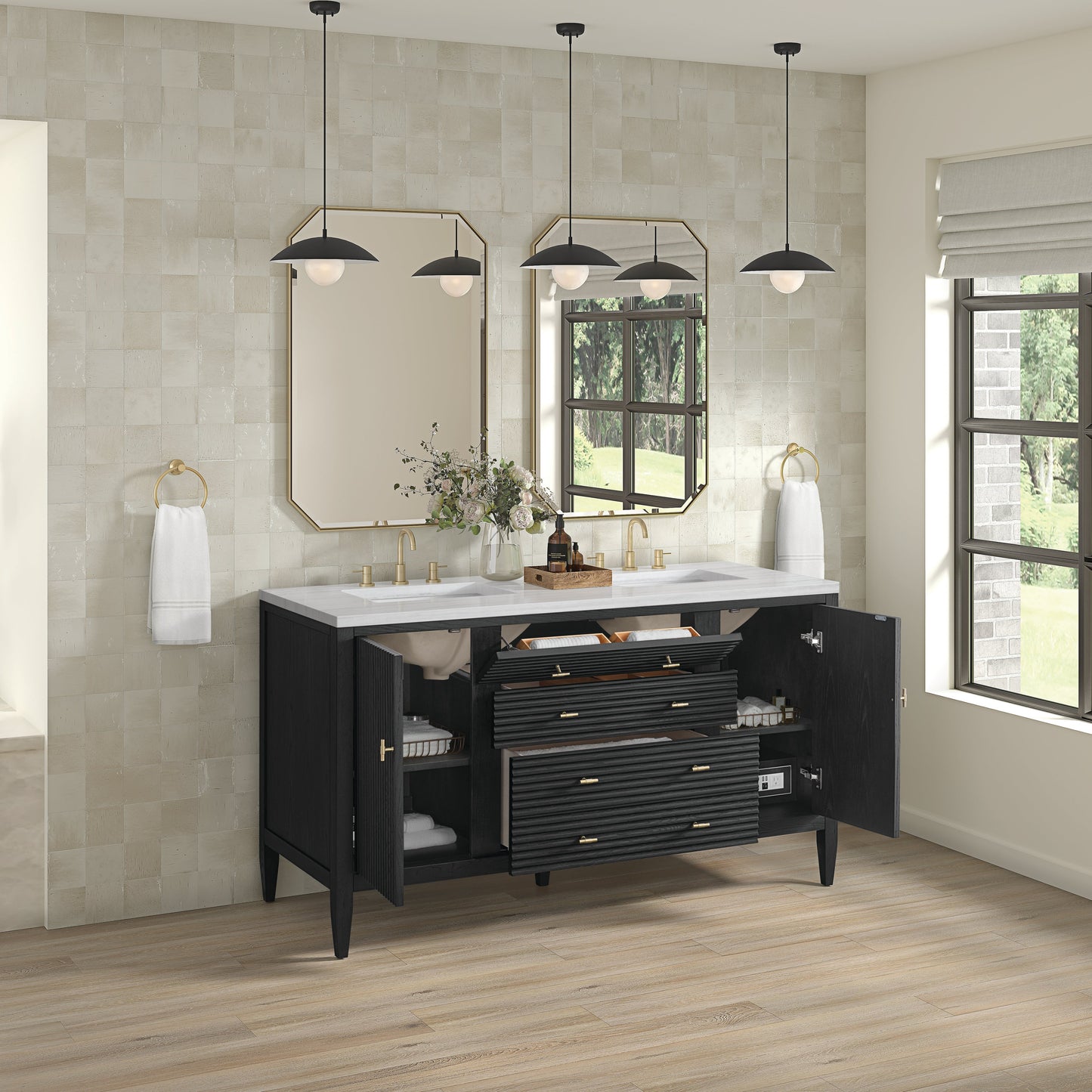 James Martin Vanities Myrrin 60" Carbon Oak Double Vanity With 3 cm Arctic Fall Solid Surface Top