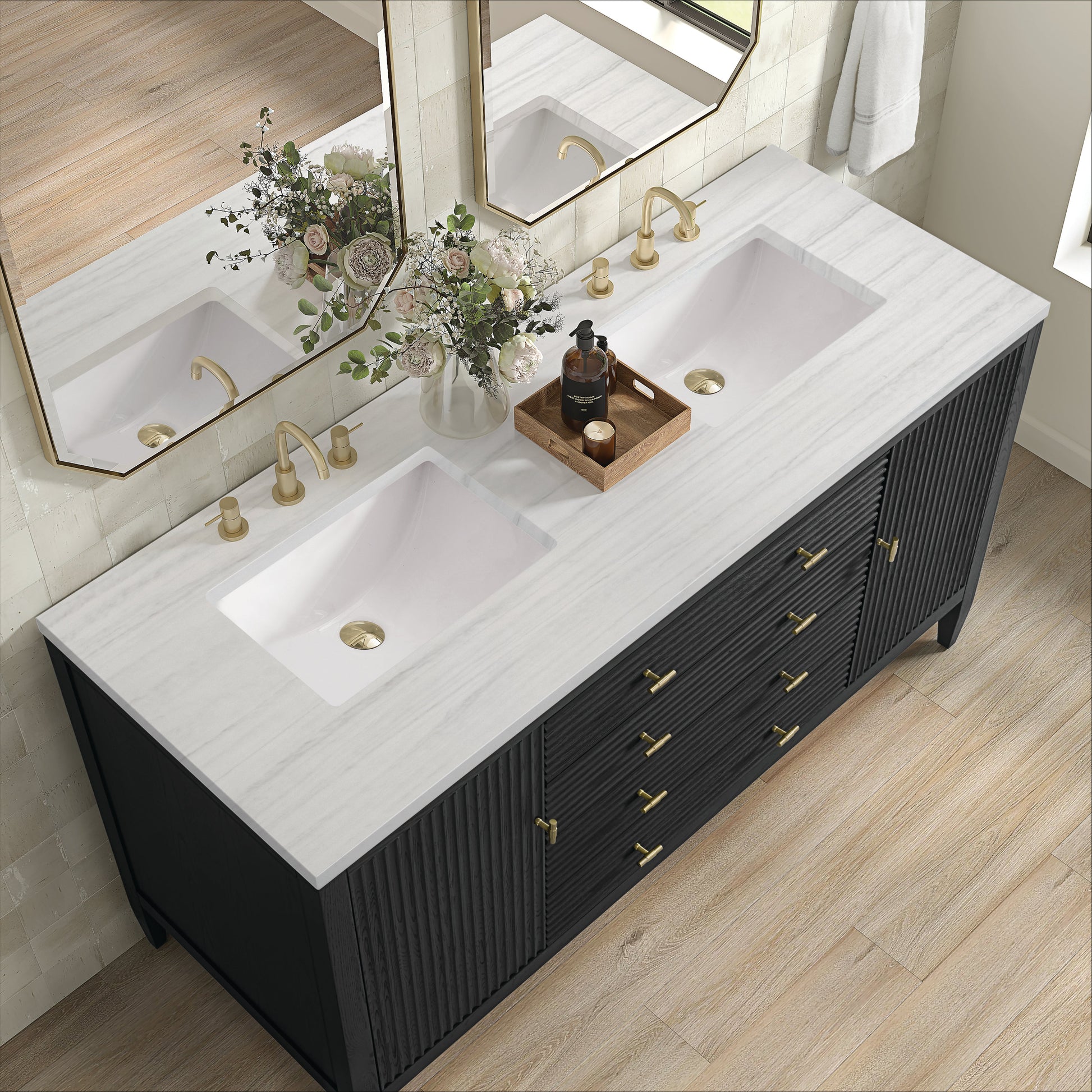 James Martin Vanities Myrrin 60" Carbon Oak Double Vanity With 3 cm Arctic Fall Solid Surface Top