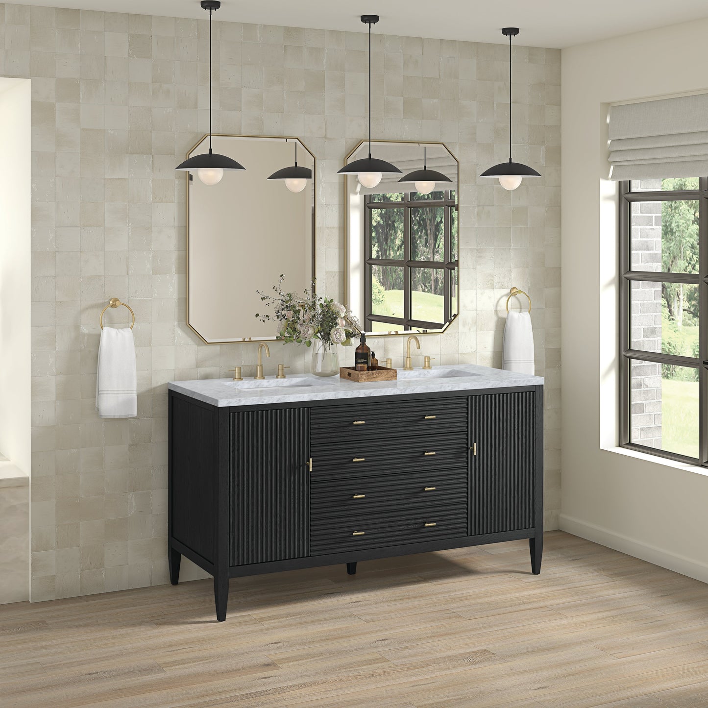 James Martin Vanities Myrrin 60" Carbon Oak Double Vanity With 3 cm Carrara White Marble Top