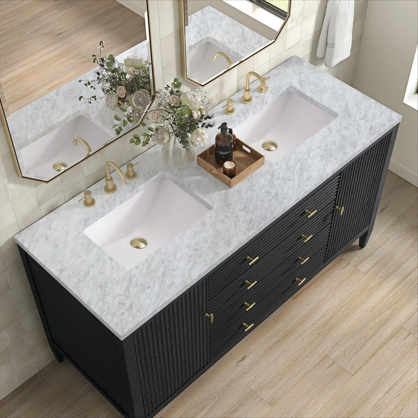 James Martin Vanities Myrrin 60" Carbon Oak Double Vanity With 3 cm Carrara White Marble Top