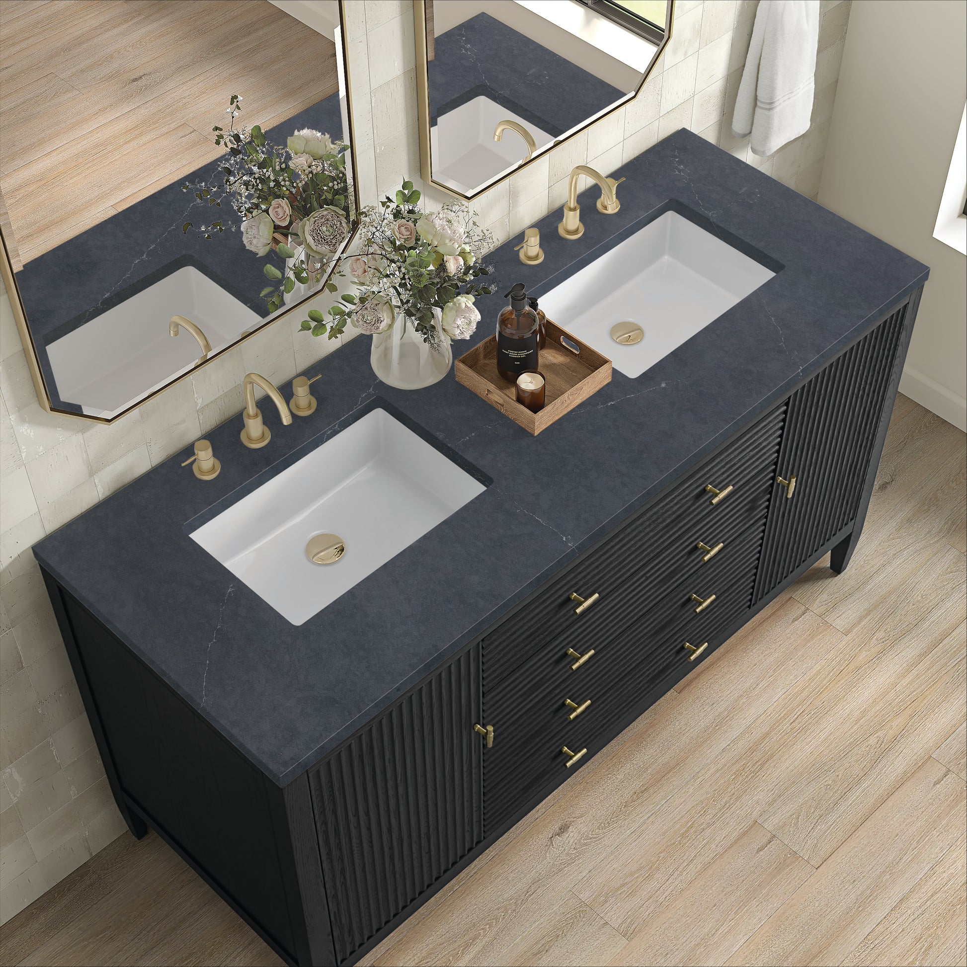 James Martin Vanities Myrrin 60" Carbon Oak Double Vanity With 3 cm Charcoal Soapstone Quartz Top