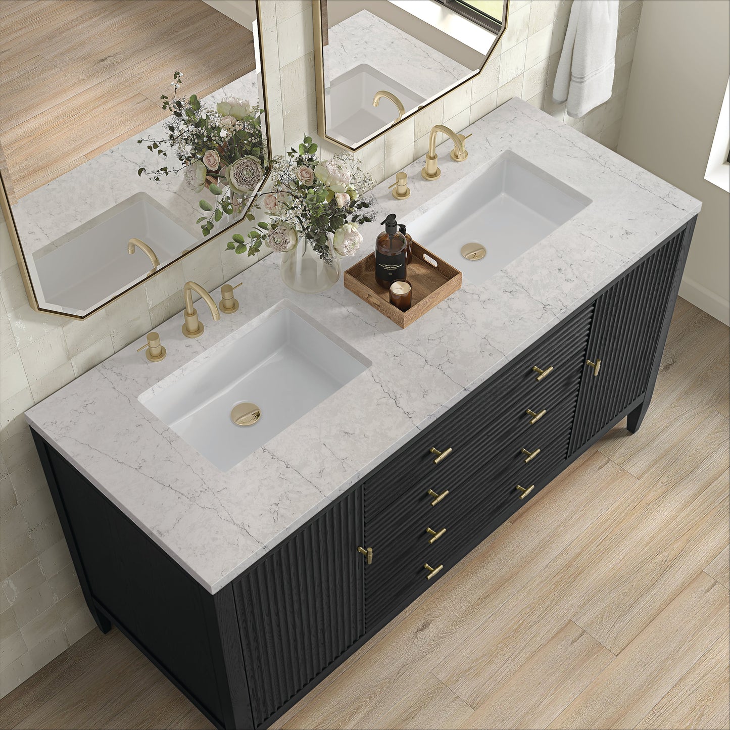 James Martin Vanities Myrrin 60" Carbon Oak Double Vanity With 3 cm Eternal Jasmine Pearl Quartz Top