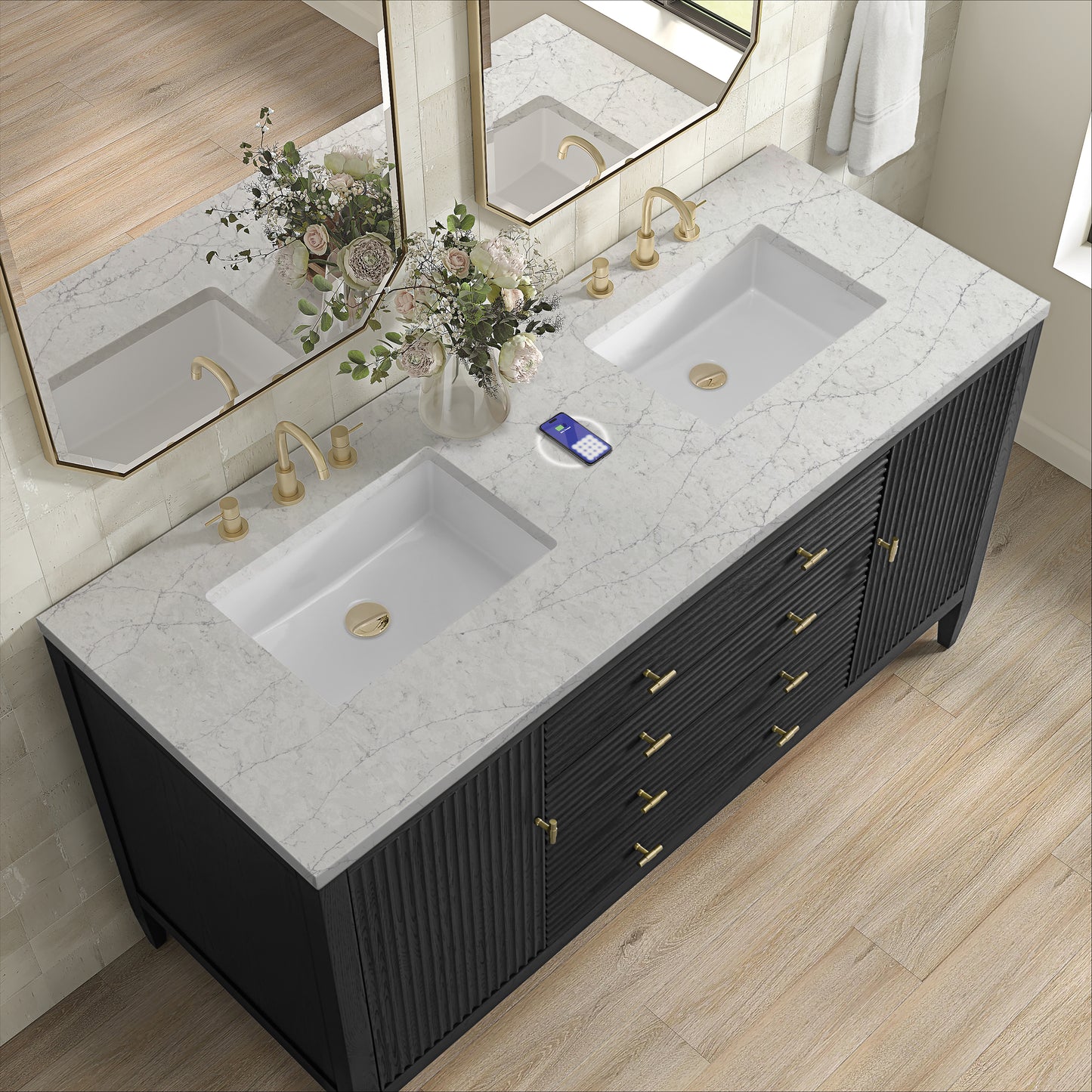 James Martin Vanities Myrrin 60" Carbon Oak Double Vanity With 3 cm Eternal Jasmine Pearl Silestone Top and FreePower Wireless Charger
