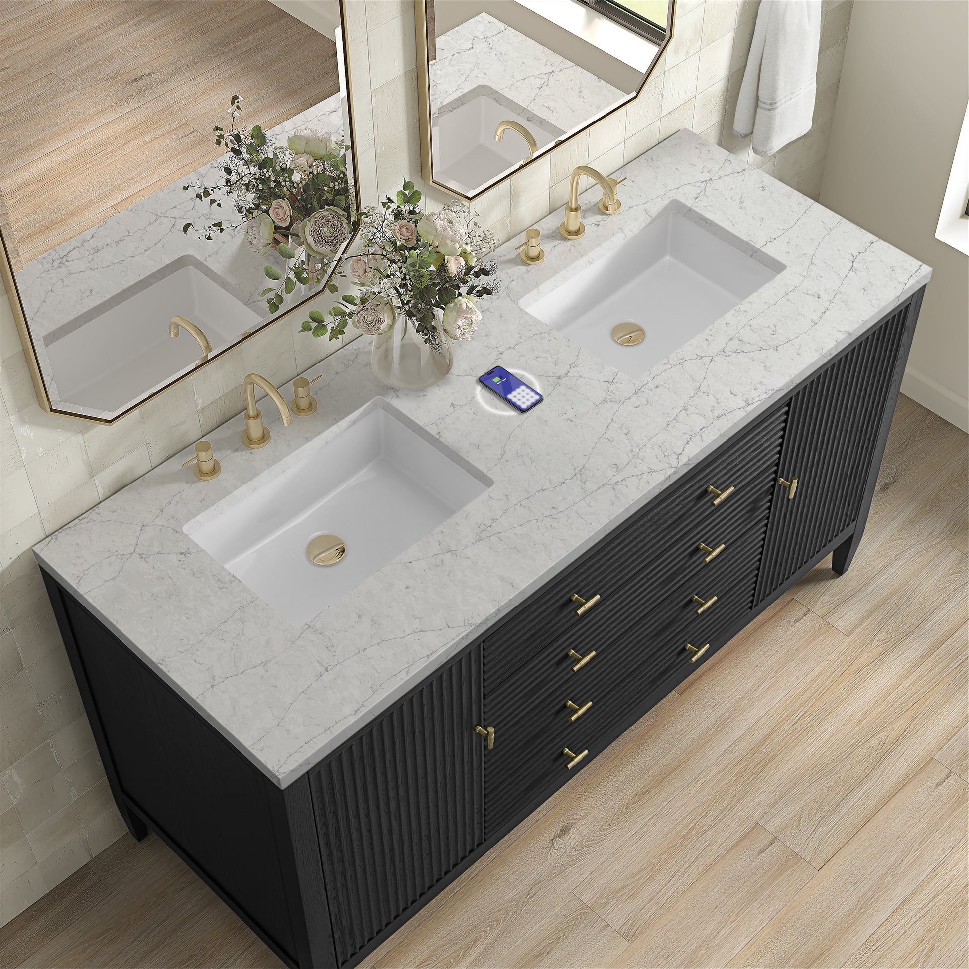 James Martin Vanities Myrrin 60" Carbon Oak Double Vanity With 3 cm Eternal Jasmine Pearl Silestone Top and FreePower Wireless Charger
