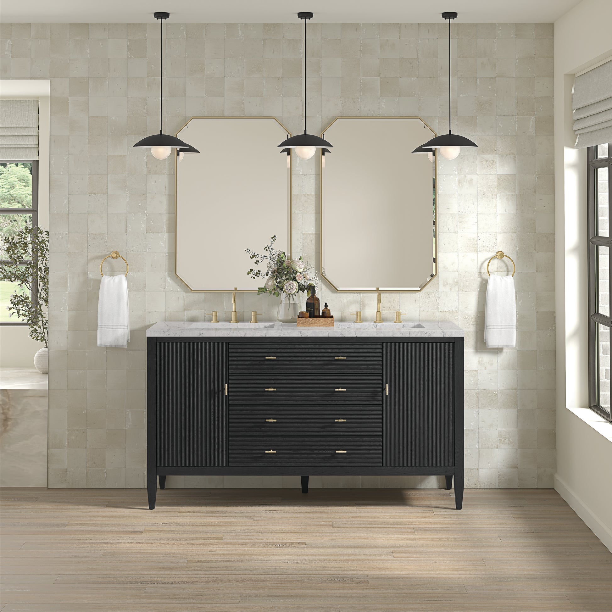 James Martin Vanities Myrrin 60" Carbon Oak Double Vanity With 3 cm Eternal Jasmine Pearl Silestone Top and FreePower Wireless Charger