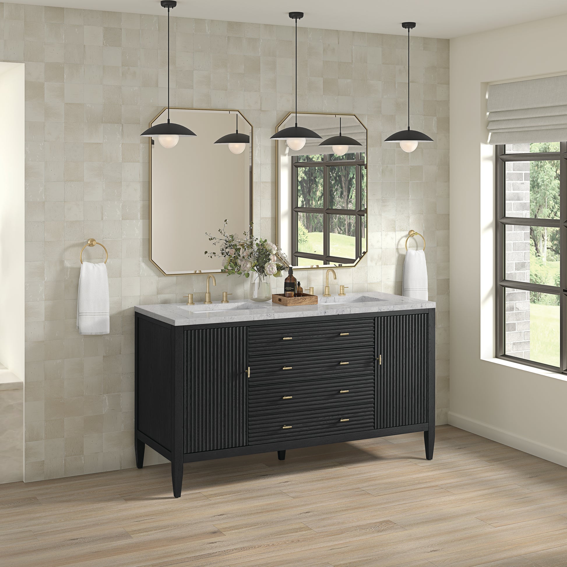 James Martin Vanities Myrrin 60" Carbon Oak Double Vanity With 3 cm Eternal Jasmine Pearl Silestone Top and FreePower Wireless Charger